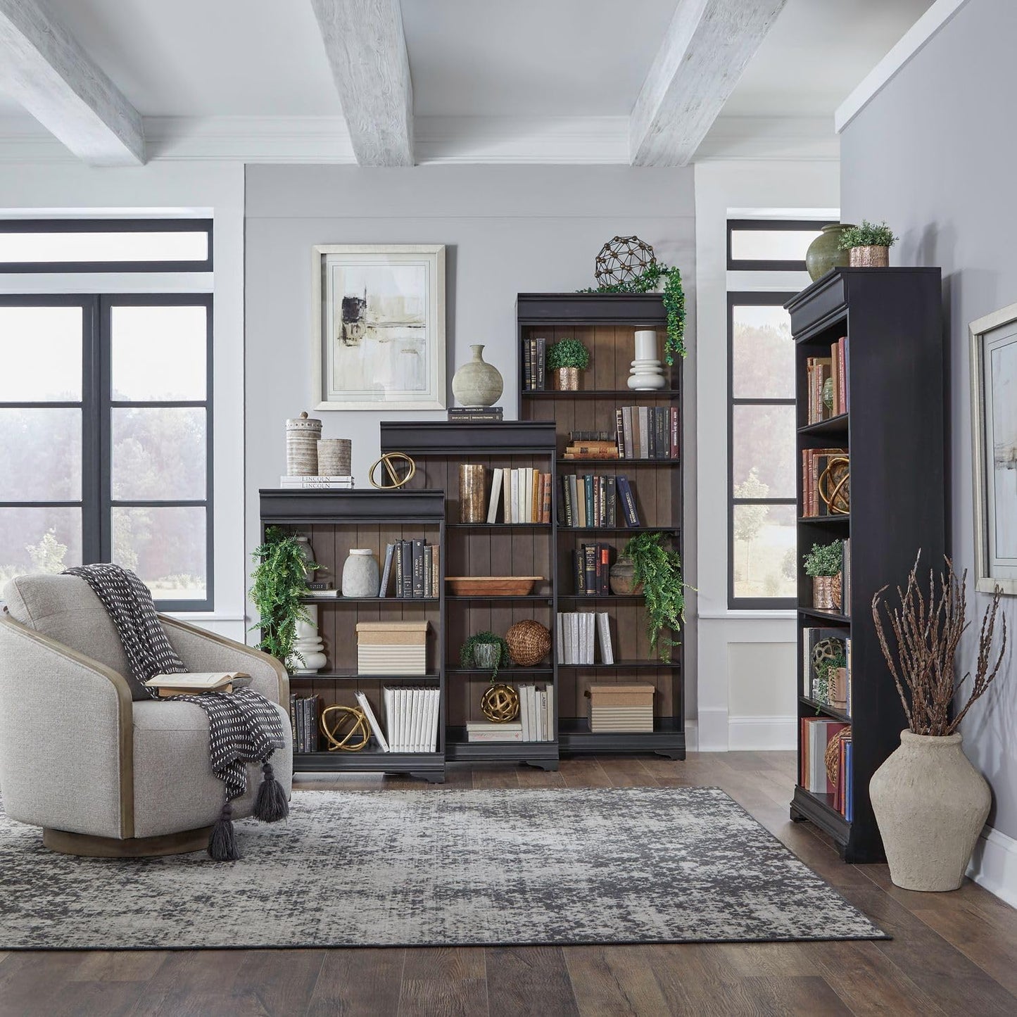 Liberty Furniture Meritage Stepped Bookcase Wall - 4 Piece Set for Home Office - Aged Charcoal w/Rub Thru & Caramel