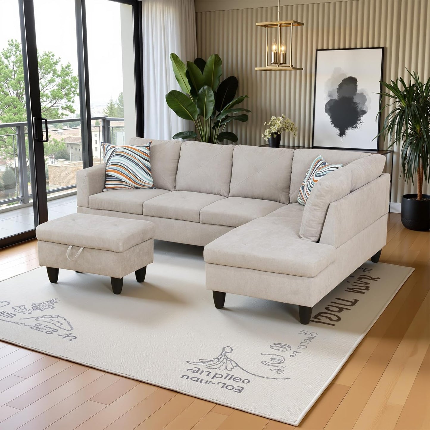 97" Oversized Sectional Couch, L Shaped Couch with Storage Ottoman, Modern Modular Sofa with Deep Seat, Sectional Couches for Living Room and Office, Off-White (Flannelette)