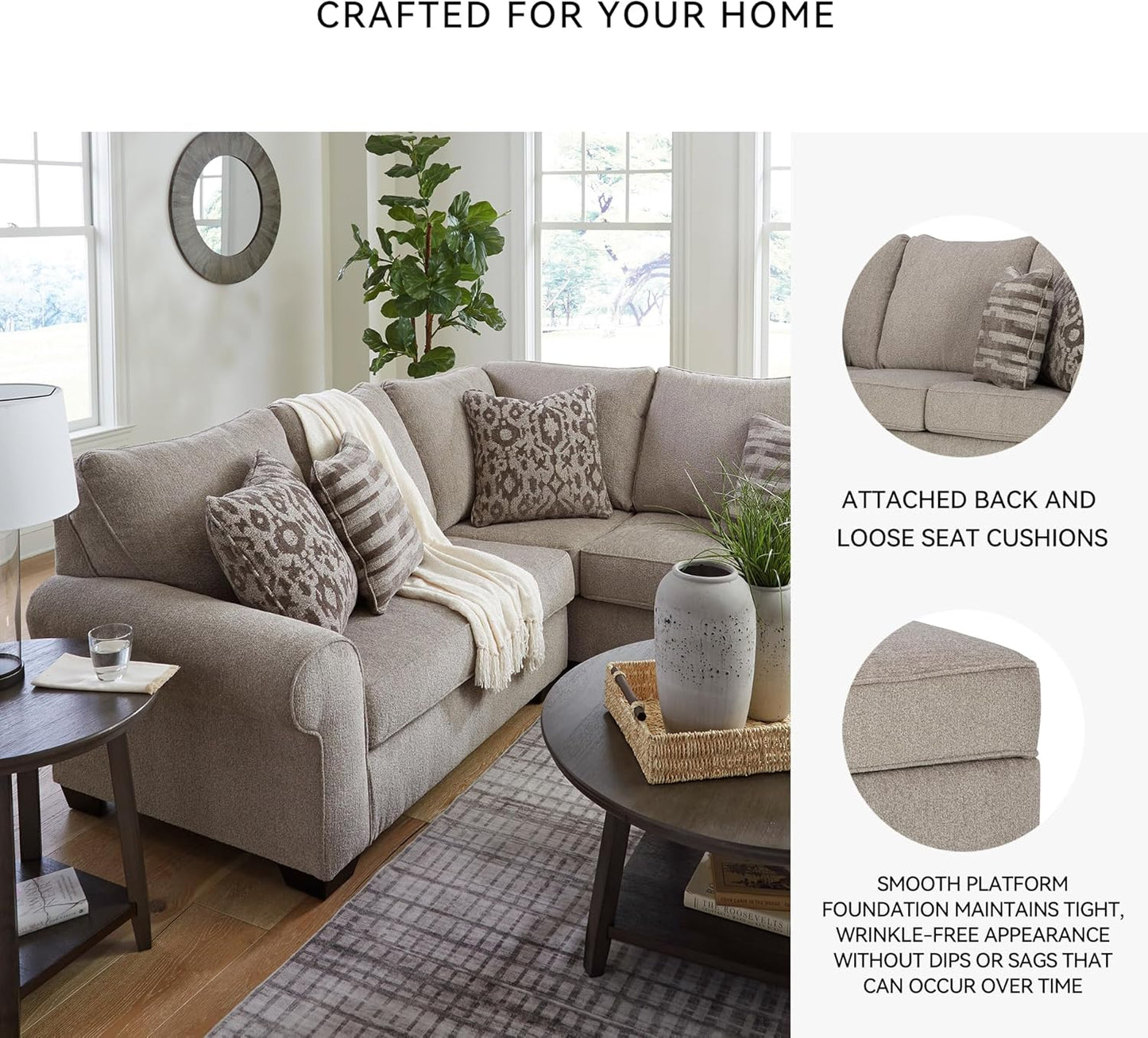 Signature Design by Ashley Claireah Casual L-Shaped 2-Piece Sectional with Loose Seat Cushions and 5 Accent Pillows, Beige