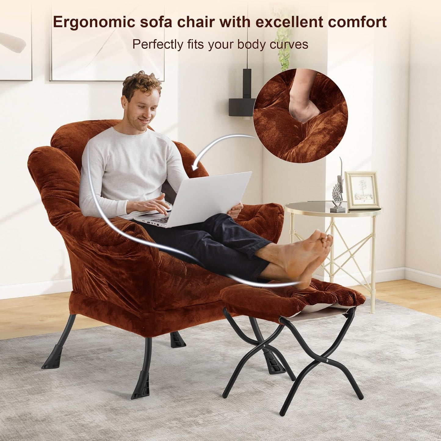 Fabric Lazy Chair with Ottoman, Oversized Upholstered Sofa Chair for Adults, Plush Comfy Lounge Chair with Large Side Storage Pocket, Reading Chair for Living Room, Bedroom, Study Room, Brown