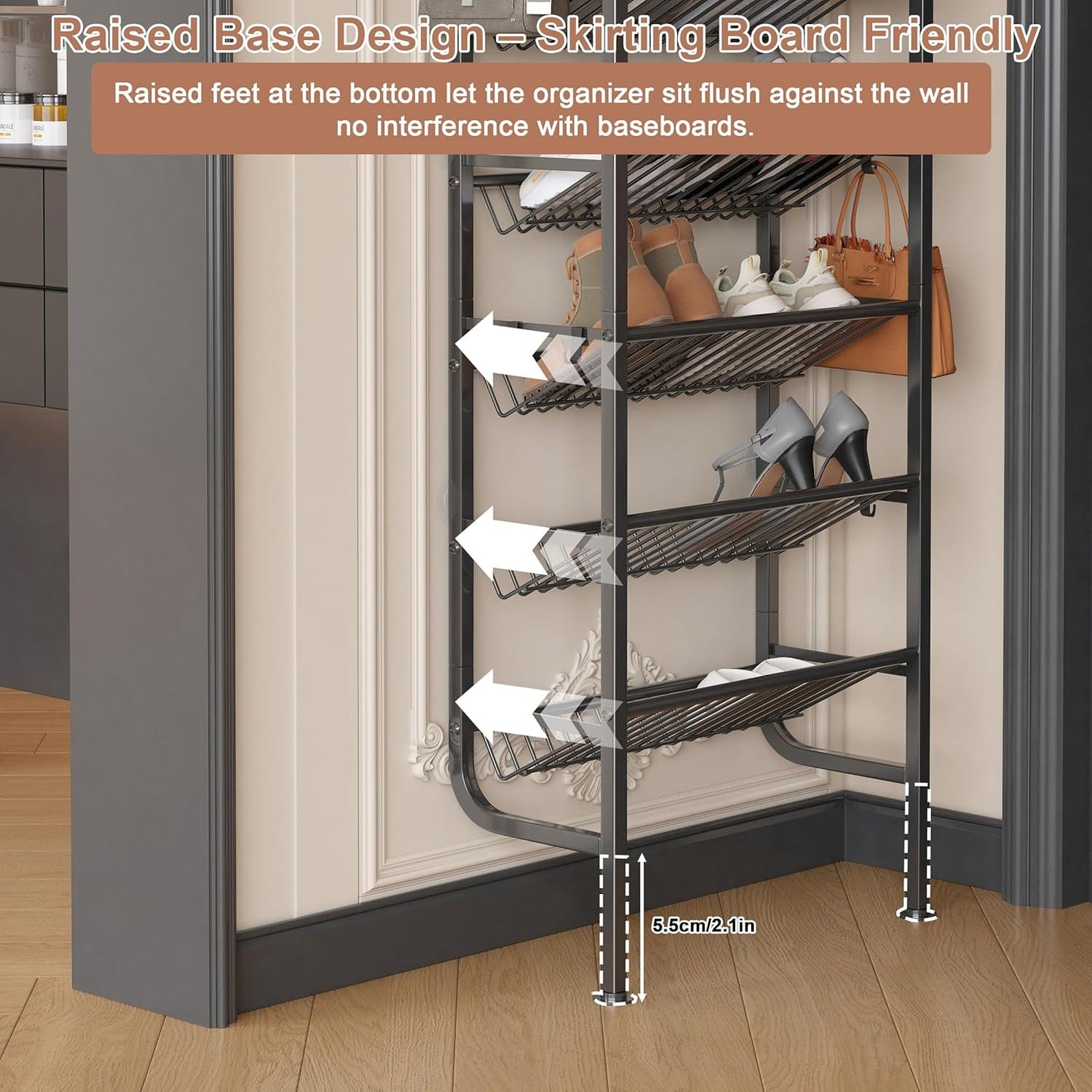 UMDONX 9 Layer Shoe Rack for 18 Pairs Shoes, Freestanding Shoe Organizer with 12 Hooks & 8 Adhesive Pads, Space-Saving Vertical Storage for Entryway and Walk-in Closet