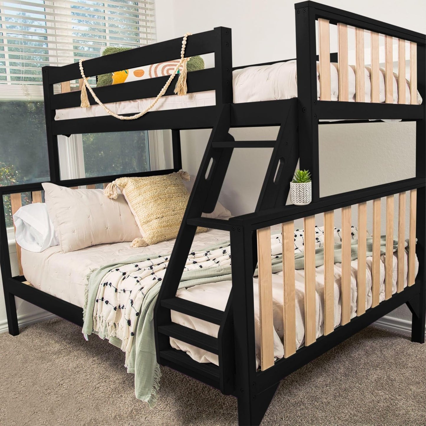 Max & Lily Bunk Bed, Scandinavian Modern Bunk Bed, Solid Wood Twin Over Full Bed Frame for Kids, No Box Spring Needed, Black/Blonde