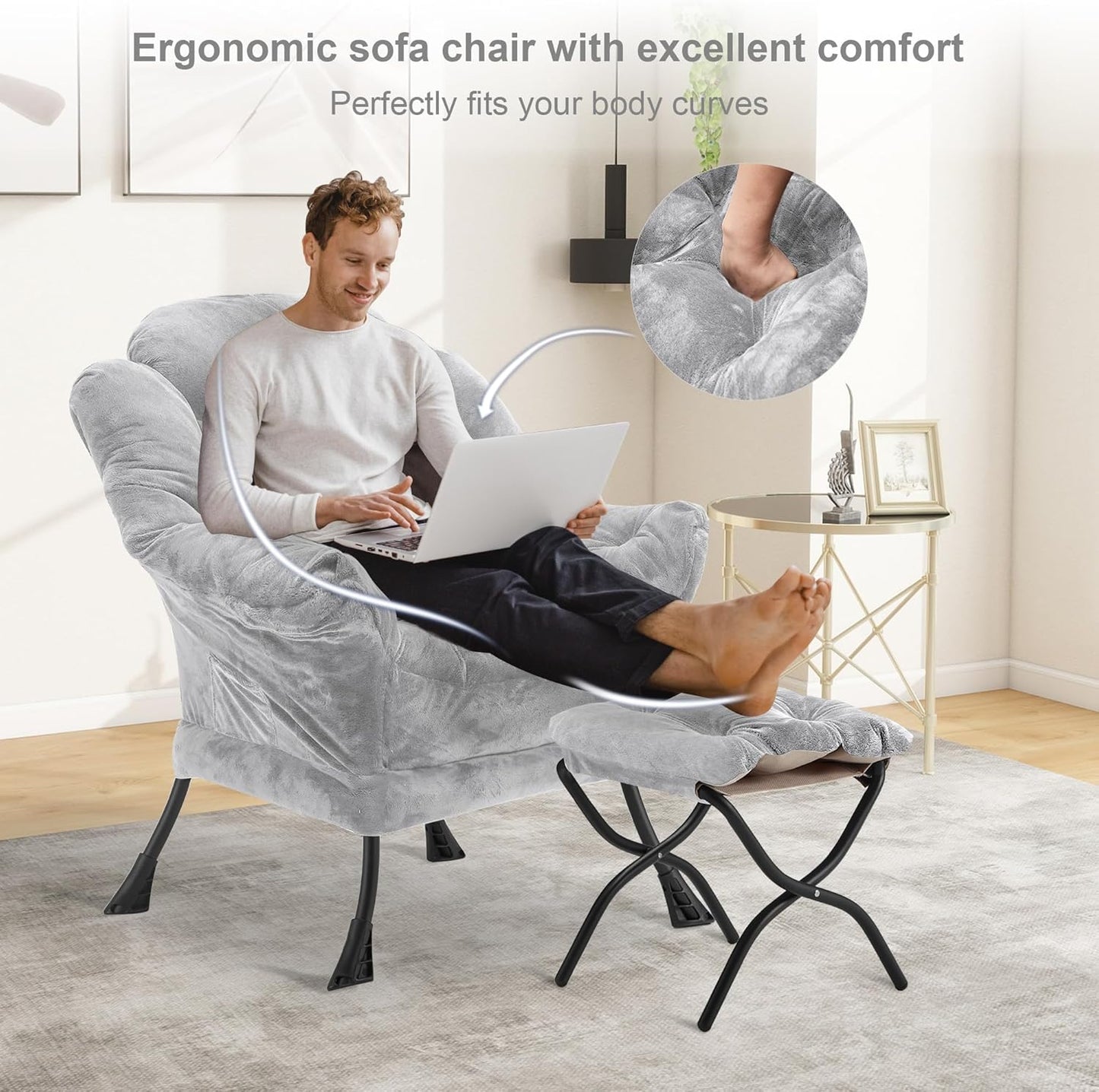 Fabric Lazy Chair with Ottoman, Oversized Upholstered Sofa Chair for Adults, Plush Comfy Lounge Chair with Large Side Storage Pocket, Reading Chair for Living Room, Bedroom, Dorm, Light Gray