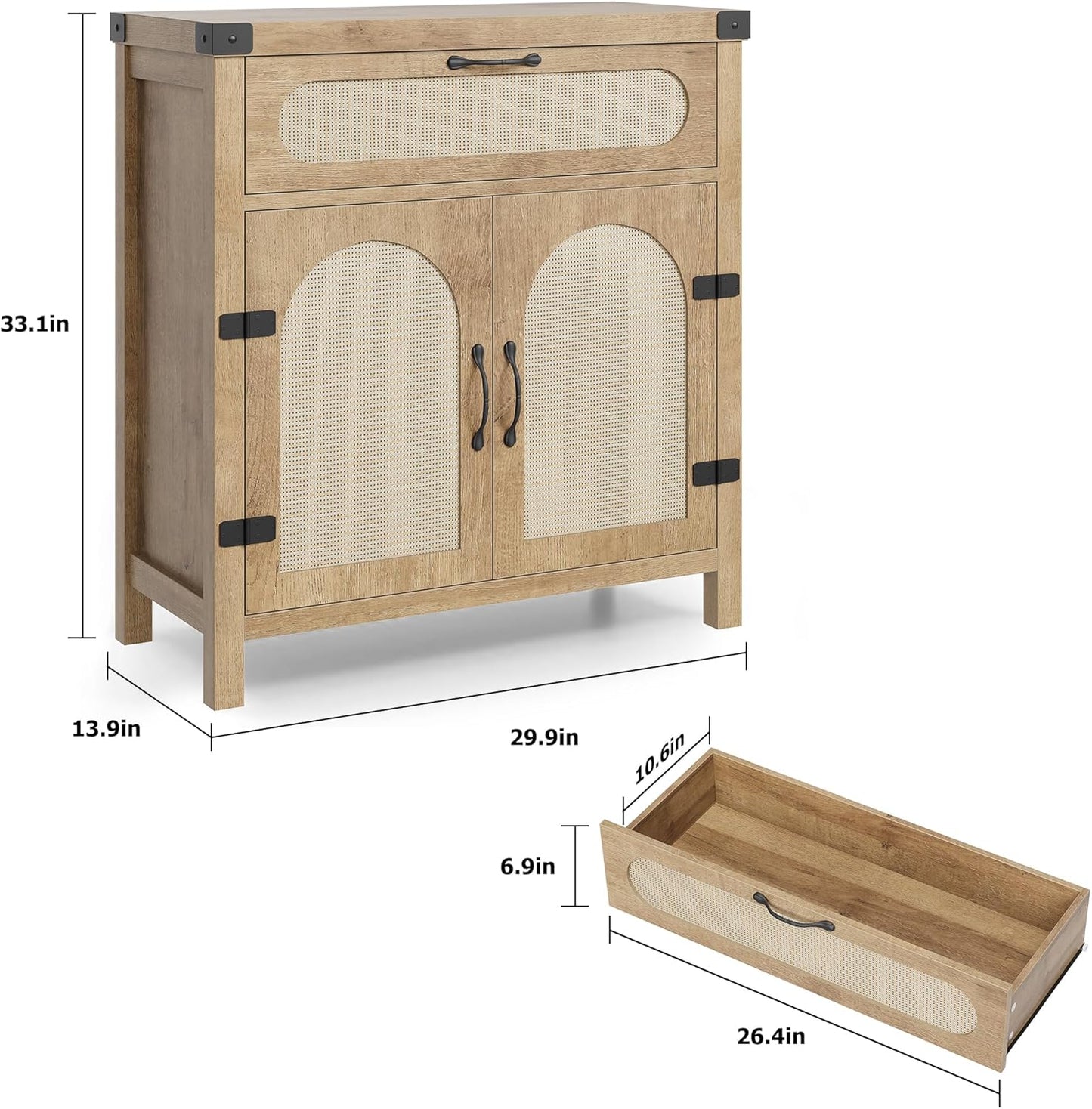 Garvee 29.9'' Small Rattan Buffet Cabinet with Storage, Kitchen Coffee Bar Cabinet with Doors and Drawer, Boho Farmhouse Sideboard with Adjustable Shelves and Handle for Living Room, Natural