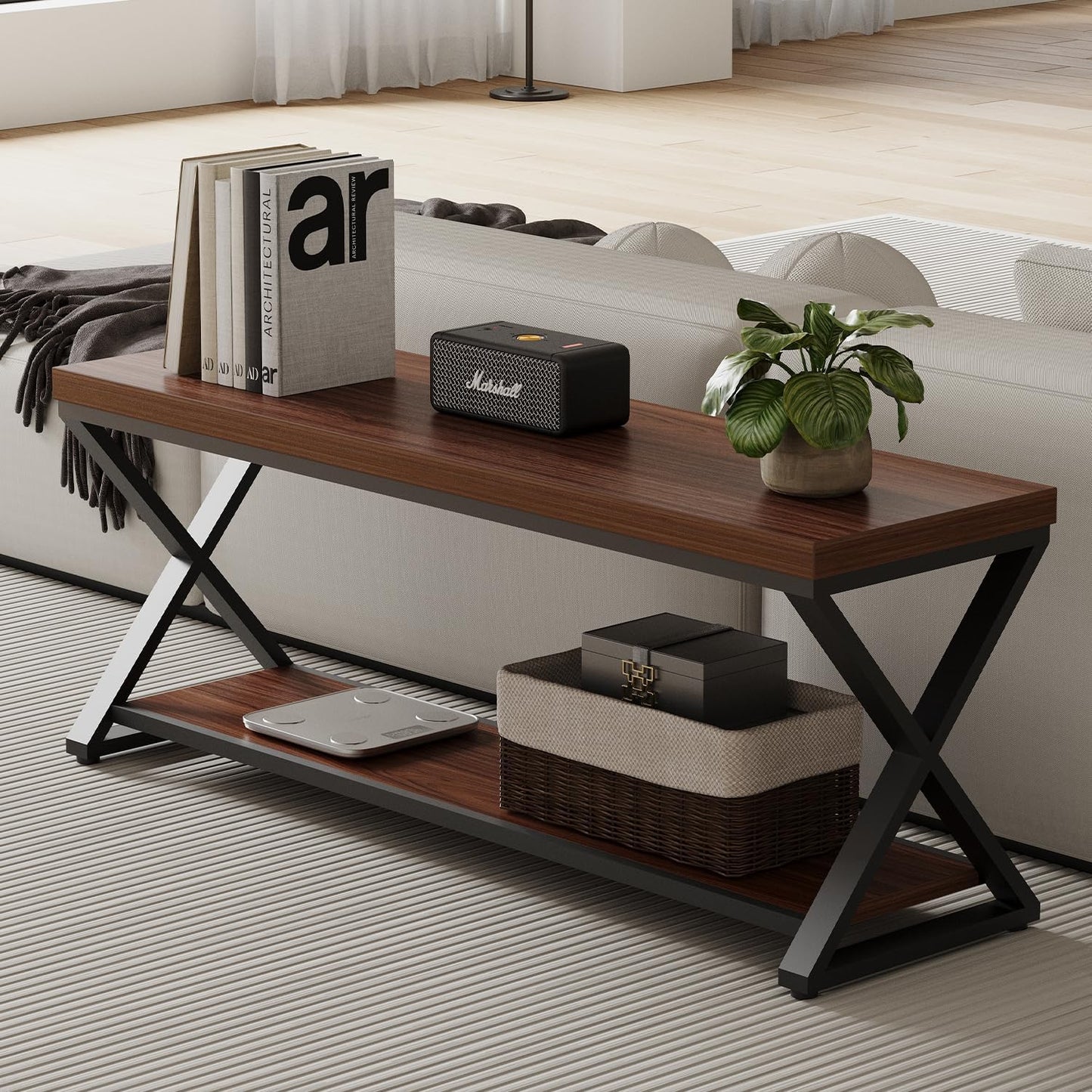 IBF Wood Entryway Bench Indoor, Industrial Wooden Metal Entry Shoe Storage Bench in Bedroom, Farmhouse Hallway Shoe Rack Bench Seating for Foyer Living Dining Room End of Bed, Walnut, 47 Inch