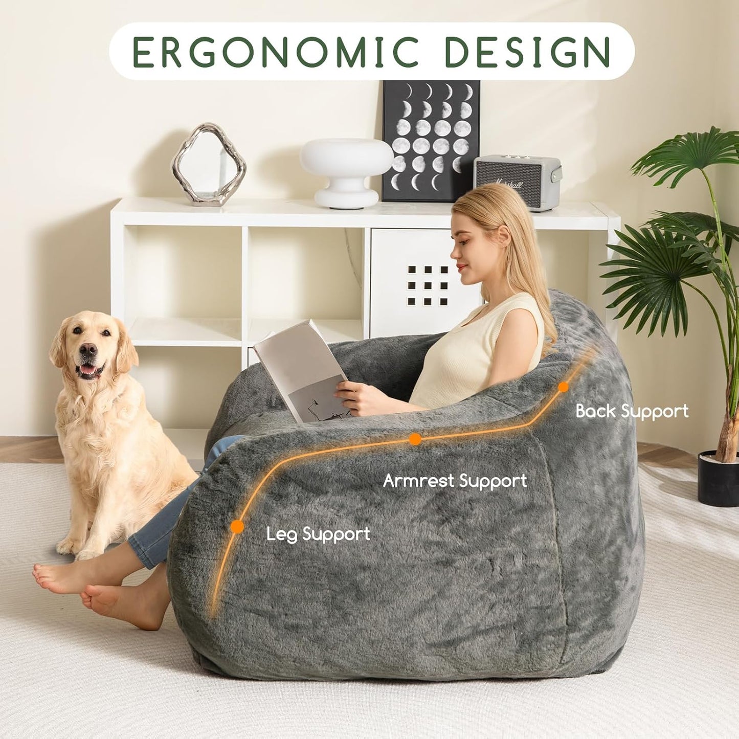 HIGOGOGO Giant Bean Bag Chair for Adults, Big Comfy Sofa Chair for Bedroom Living Room, Bean Bag Lazy Chair for Adults with Armrests for Gaming, Reading, Fur Dark Grey
