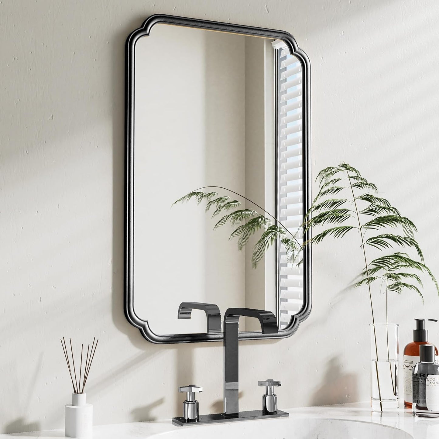 22x34 Inch Black Bathroom Mirror, Metal Framed Wall Mirror with Rounded Edges, Rustproof Horizontal Vertical Hanging for Vanity Over Sink