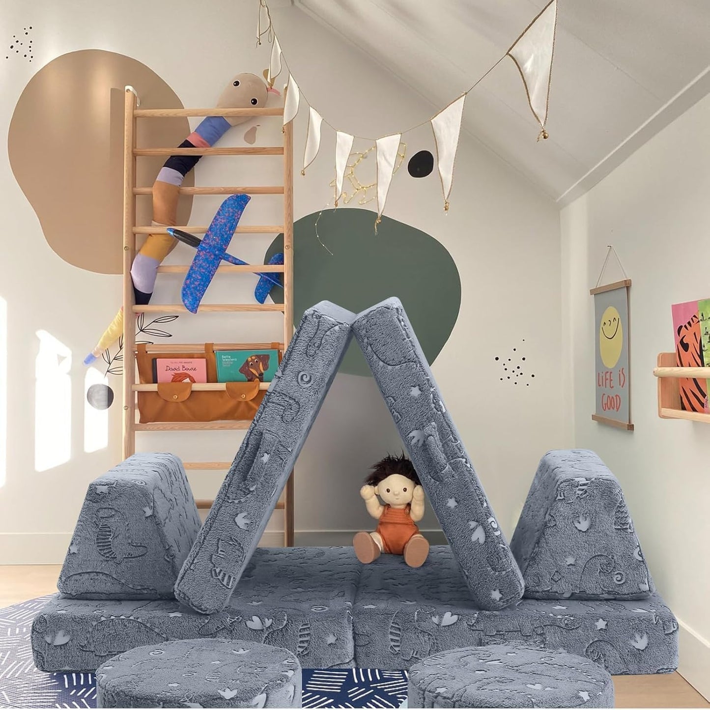 MeMoreCool 8-Piece Kids Modular Play Couch — Glow-in-The-Dark Dinosaur Foam Sofa Set for Toddlers, Convertible Fort Building Furniture with Washable Covers, Playroom Climbing & Creative Play Sofa