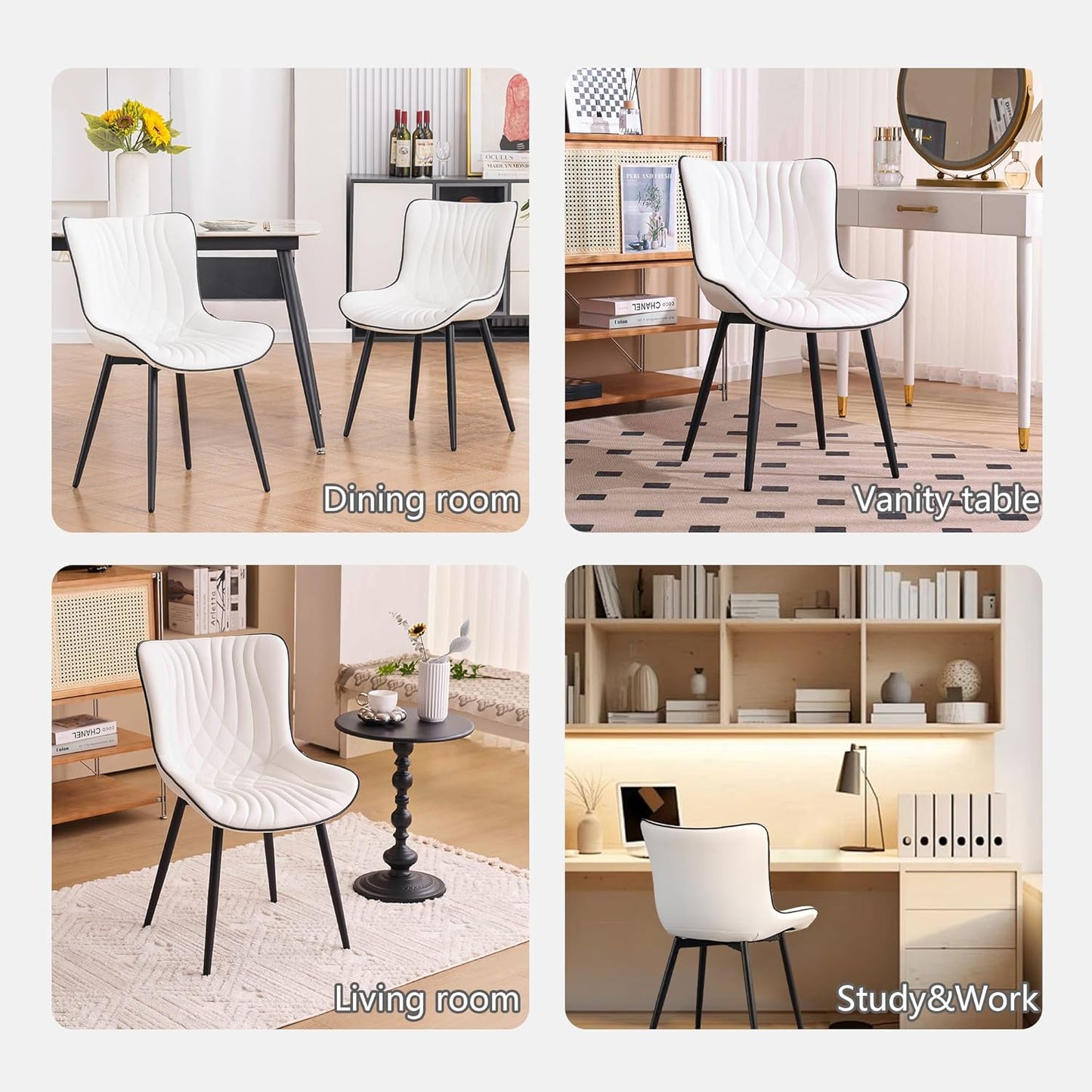Kidol & Shellder White Dining Chairs Set of 2,Faux Leather Upholstered Mid Century Modern Kitchen&Dining Room Chair with Back,Ergonomic Armless Vanity&Living Room Chair with Metal Legs