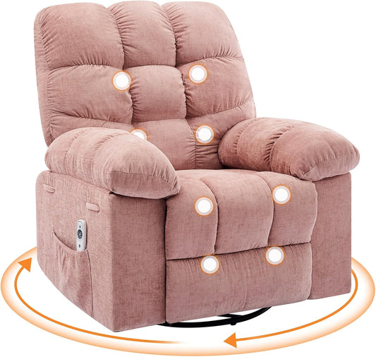 Rocking Recliner Chair with Vibration Massage & Heat, 360° Swivel Oversized Rocker Recliner with Side Pocket for Living Room, Bedroom & Nursery