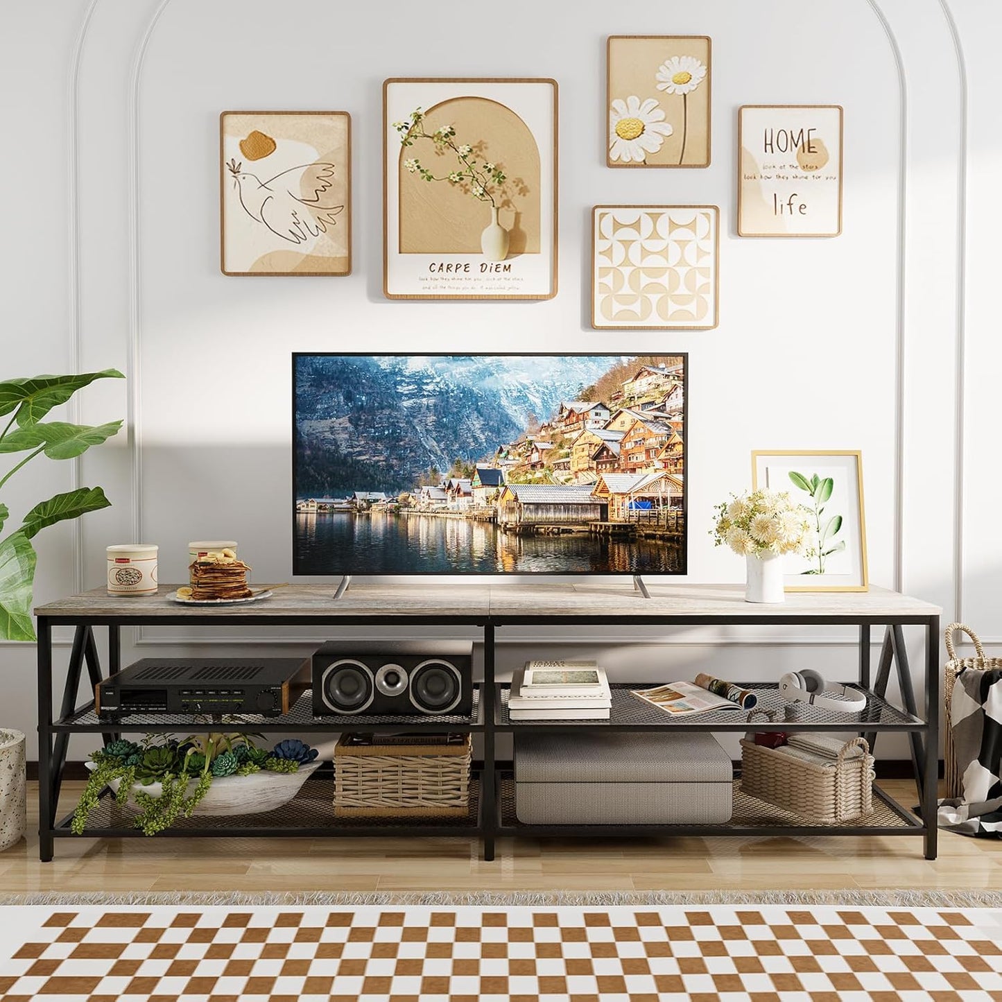 TV Stand for TVs up to 75 Inch, 70" Long Industrial TV Console Table with 3-Tier Storage Shelves, Entertainment Center for Living Room, Bedroom (Gray)