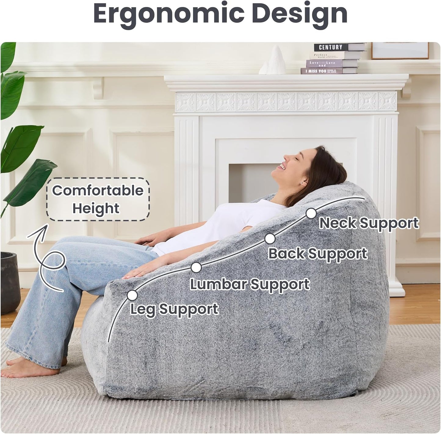 Bean Bag Chairs for Adults, Giant Beanbag Sofa Comfy Reading Chair, Oversized Bean Bag Chairs for Living Room Bedroom, Soft Faux Fur Fabric, 3.2FT, Dark Grey, Plush