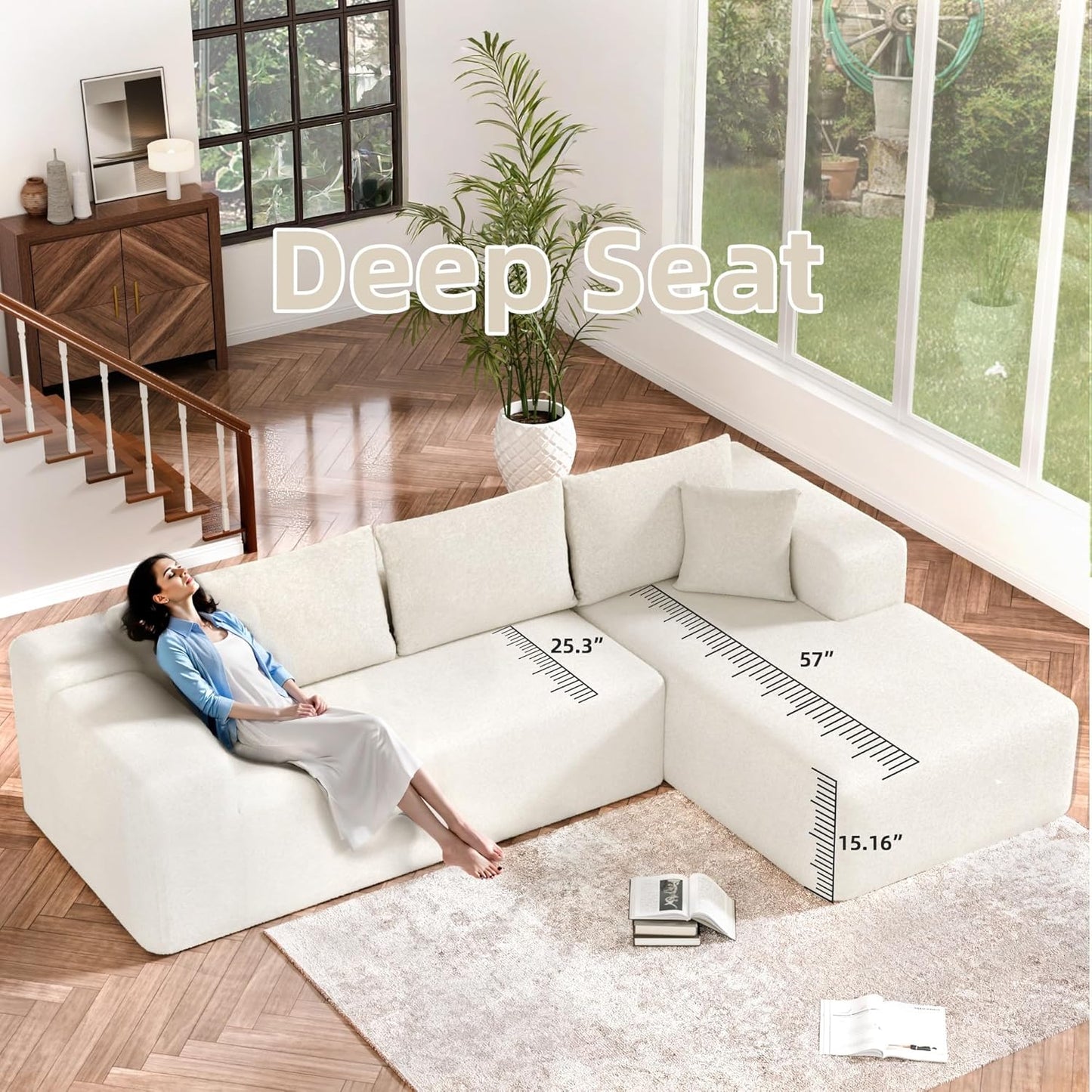 Cloud Sectional Couch, 104”L-Shape Oversized Sofa with Left Chaise Lounge, Modular Sleeper Couch with Pillows & Deep Seat, Rain Drop Velvet Fabric Compressed Sofa for Living Room, Beige