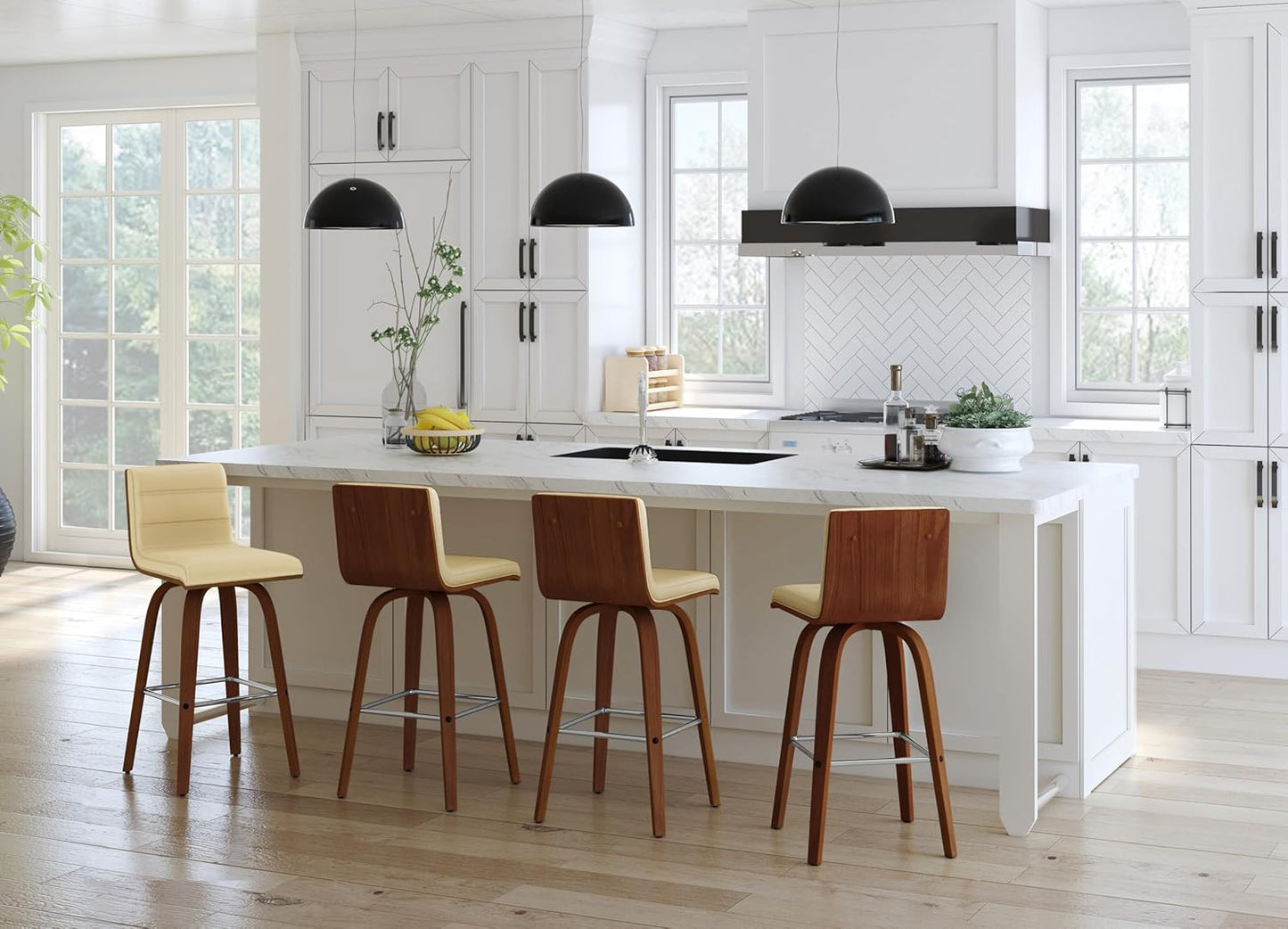 Armen Living Vienna 26" Swivel Counter Stool in Walnut Wood Finish with Cream Faux Leather - Set of 4