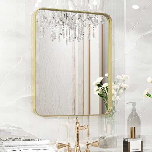 Fun Memories Gold Bathroom Mirror 16x20 Inch Bathroom Vanity, Metal Black Frame Large Mirror, Modern Wall Mirror for Bathroom, Tempered Glass, Farmhouse, Horizontally or Vertically
