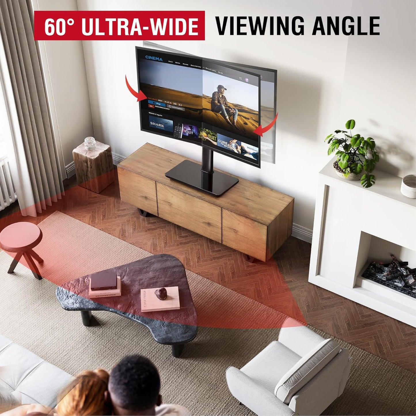 Swivel Universal TV Stand for 32-75 inch TVs with Tilt Down/Up, 8 Levels Height Adjustable Table Top TV Mount Stand with Stable Heavy Duty Tempered Glass Base, MAX VESA 600x400 mm, up to 99lbs, Black