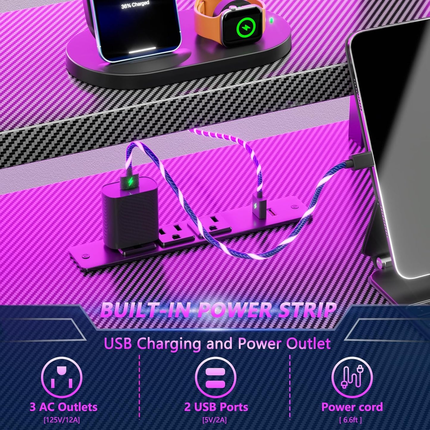 47 Inch Gaming Desk with Power Outlet & LED Lights, Corner Computer Desk with 3 Tiers Storage Shelves, Home Office Desk with Monitor Stand for Small Space, Carbon Fiber Black