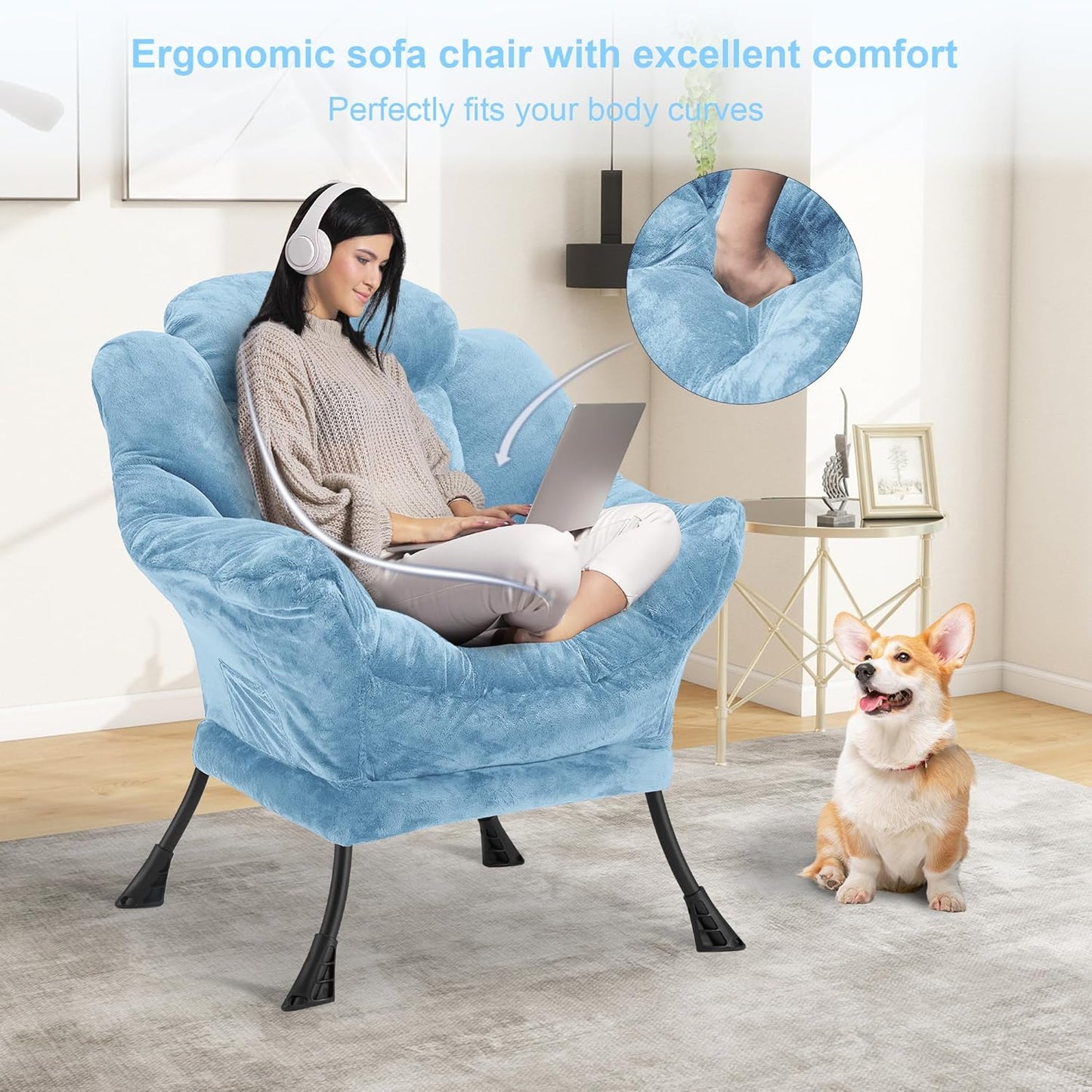 Fabric Lazy Chair for Adults, Oversized Upholstered Sofa Chair, Plush Comfy Lounge Chair with Large Side Storage Pocket, Thick Padded Reading Chair for Living Room, Bedroom, Study Room, Blue