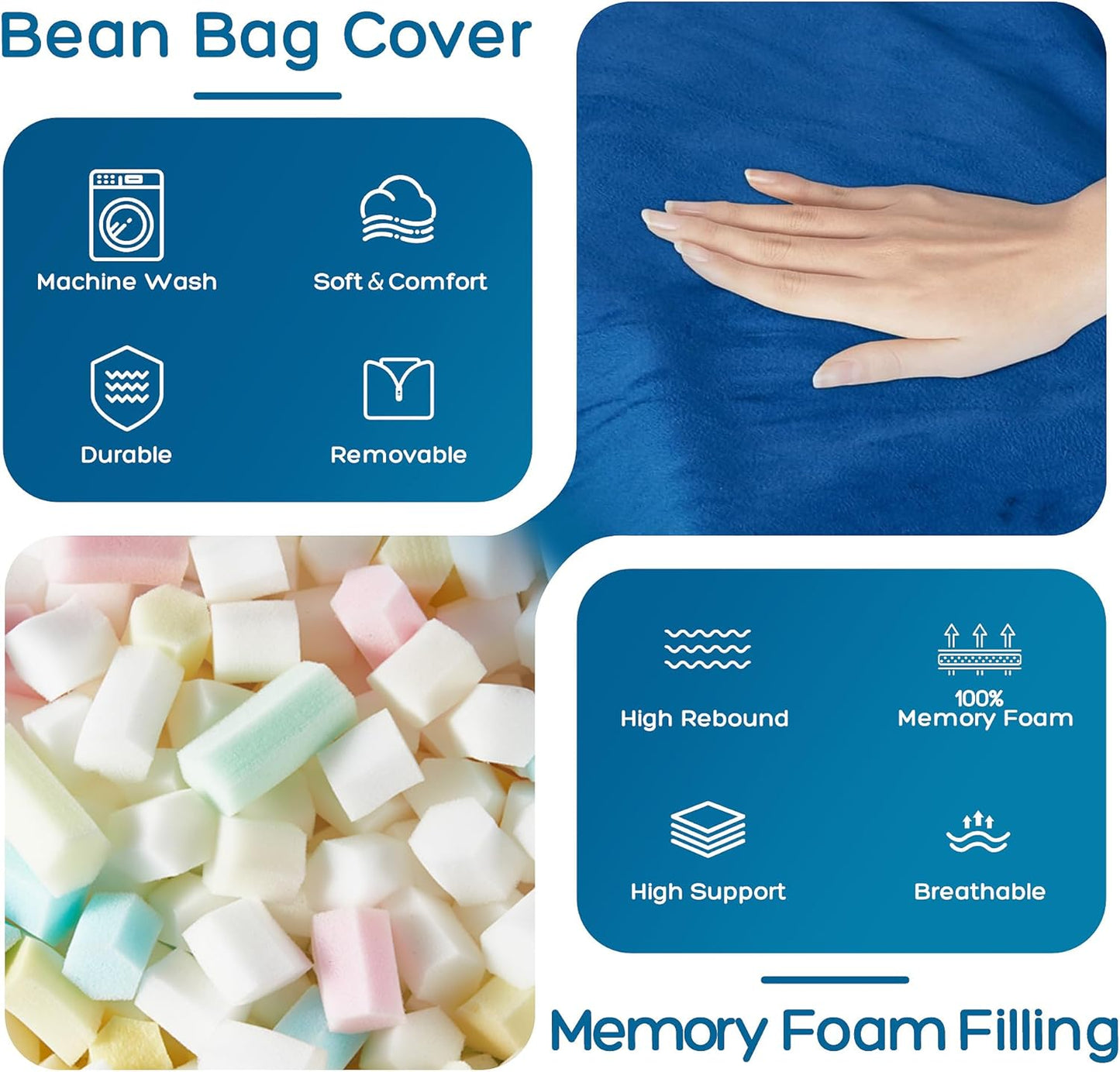 HABUTWAY Bean Bag Chair: Giant 4' Memory Foam Furniture Bean Bag Chairs for Adults with Microfiber Cover 4Ft (Blue)