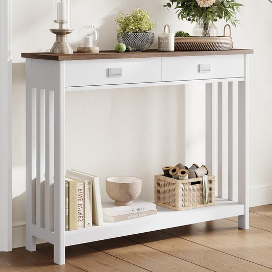 ChooChoo Farmhouse Long Entryway Table with Drawer, Mission Narrow Console Sofa Table with Storage, for Entryway,Living Room and Hallway, 47 Soft White and Brown