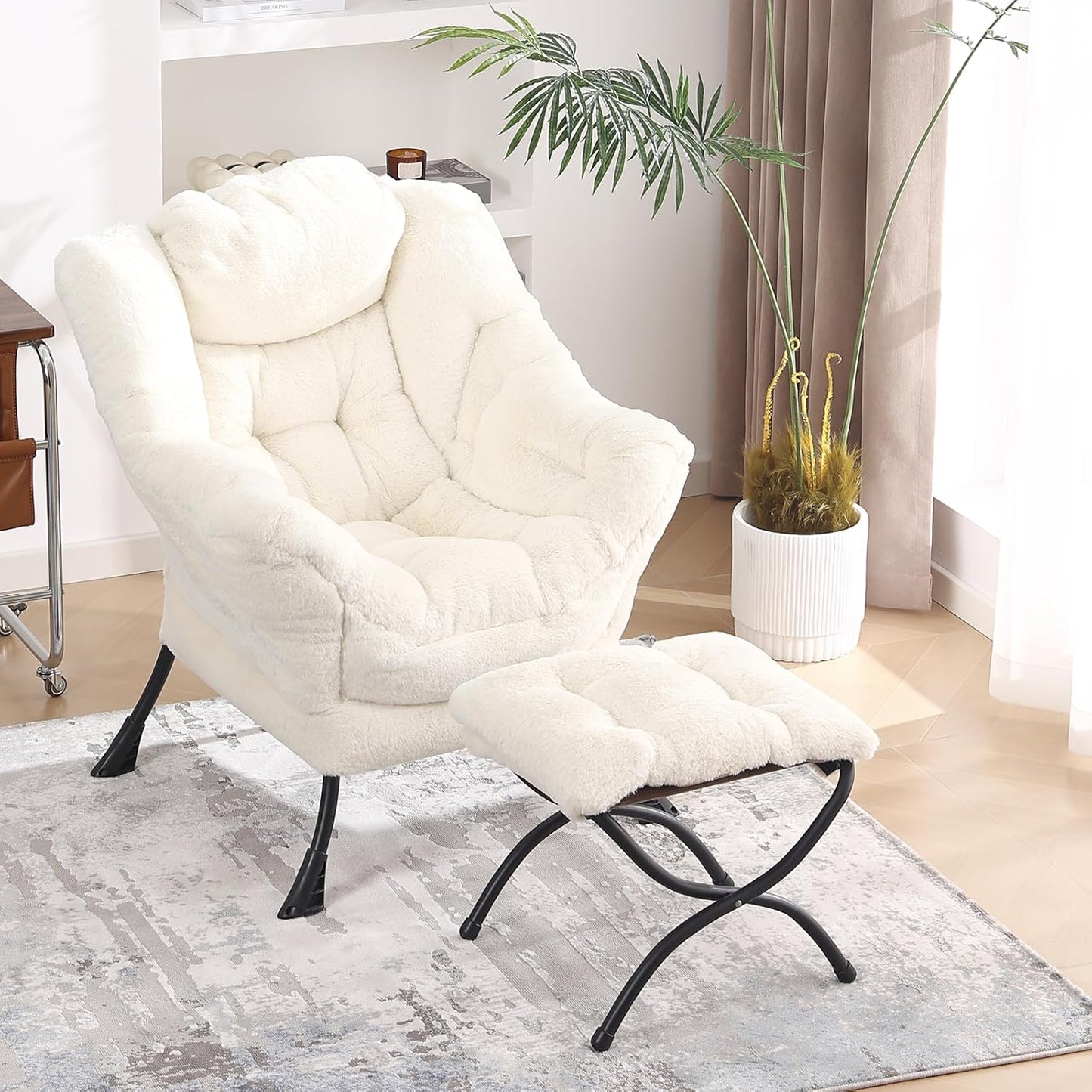 Lazy Chair with Folding Ottoman, Modern Accent Lounge Armchair with Armrests and a Side Pocket & Foldable Footstool, Leisure Reading Chair for Living Room, Bedroom, Dorm & Office, Plush Beige
