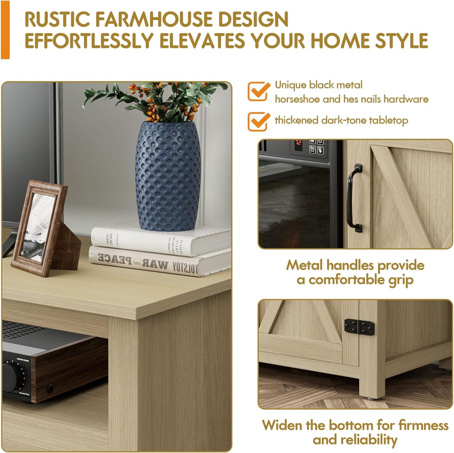 YESHOMY Fireplace TV Stand for Television up to 65+ Inch with Storage and Farmhouse Barn Doors, Entertainment Center with Cabinet and Shelves, Media Console for Living Room, Oak