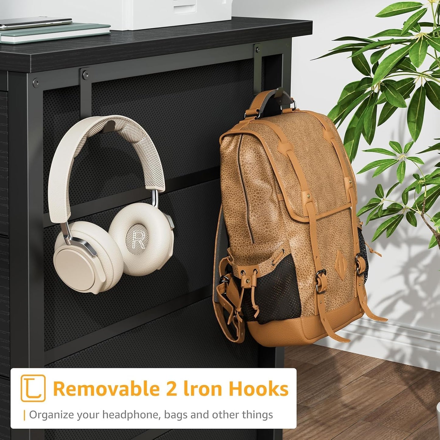 Black Desk with Fabric Drawers on Both Sides, 47 Inch Black Gaming Desk Home Office Computer Study Writing Work PC Desks with 8 Storage Fabric Drawers for Bedroom