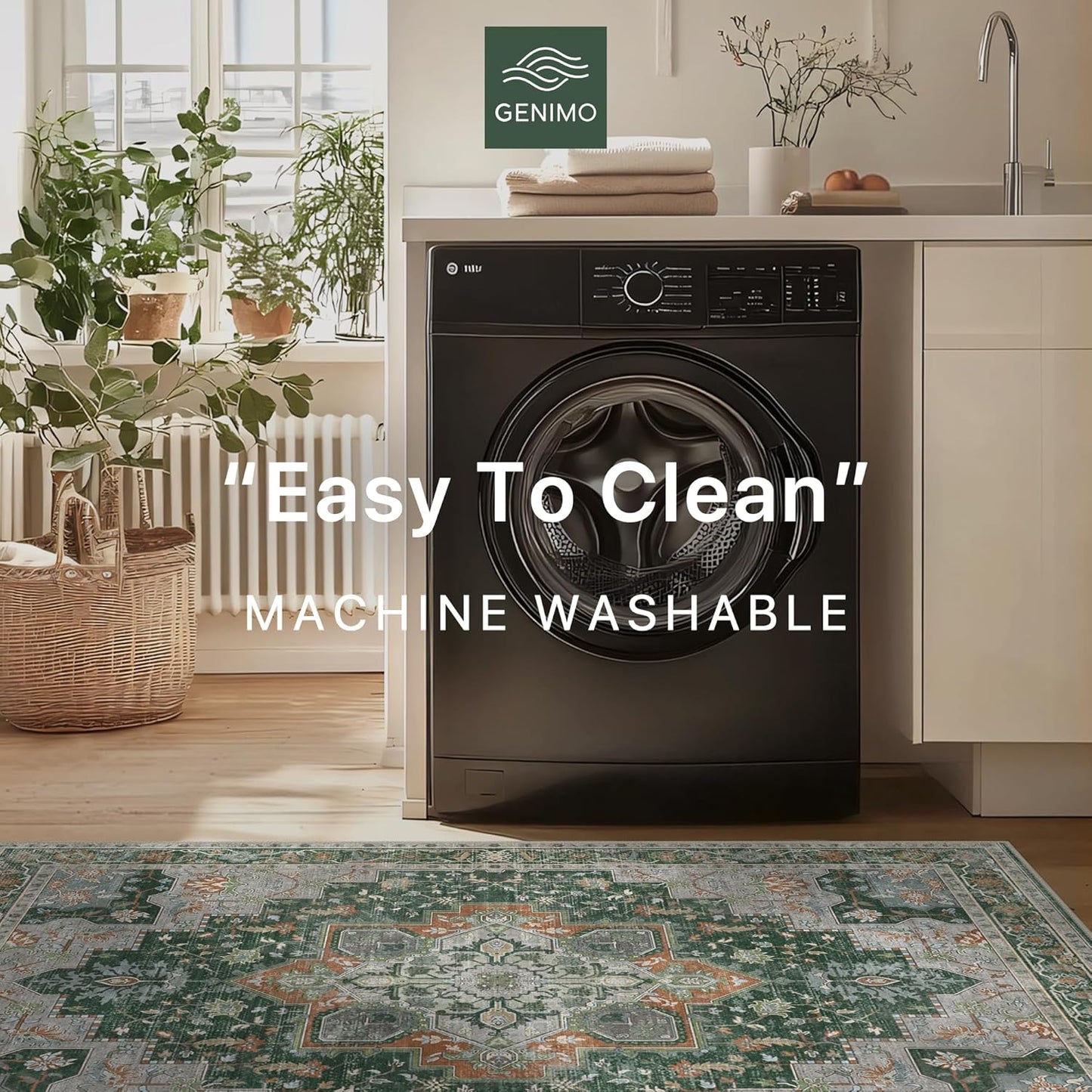 GENIMO 2x5 Runner Rugs for Hallway, Machine Washable Non Slip Vintage Rugs, Low Pile Lightweight Soft Print Rug for enrtyway, Corridor, Home Office, Kitchen,Pine Green