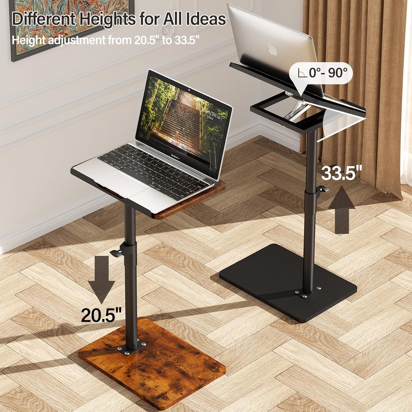 Sofa Armrest Tray Table for Couch - 360° Swivel Height Adjustable End for Small Spaces, Snack Side Table for Bed or Chair with Phone & Tablet Slot (Black,Angle Adjustable)