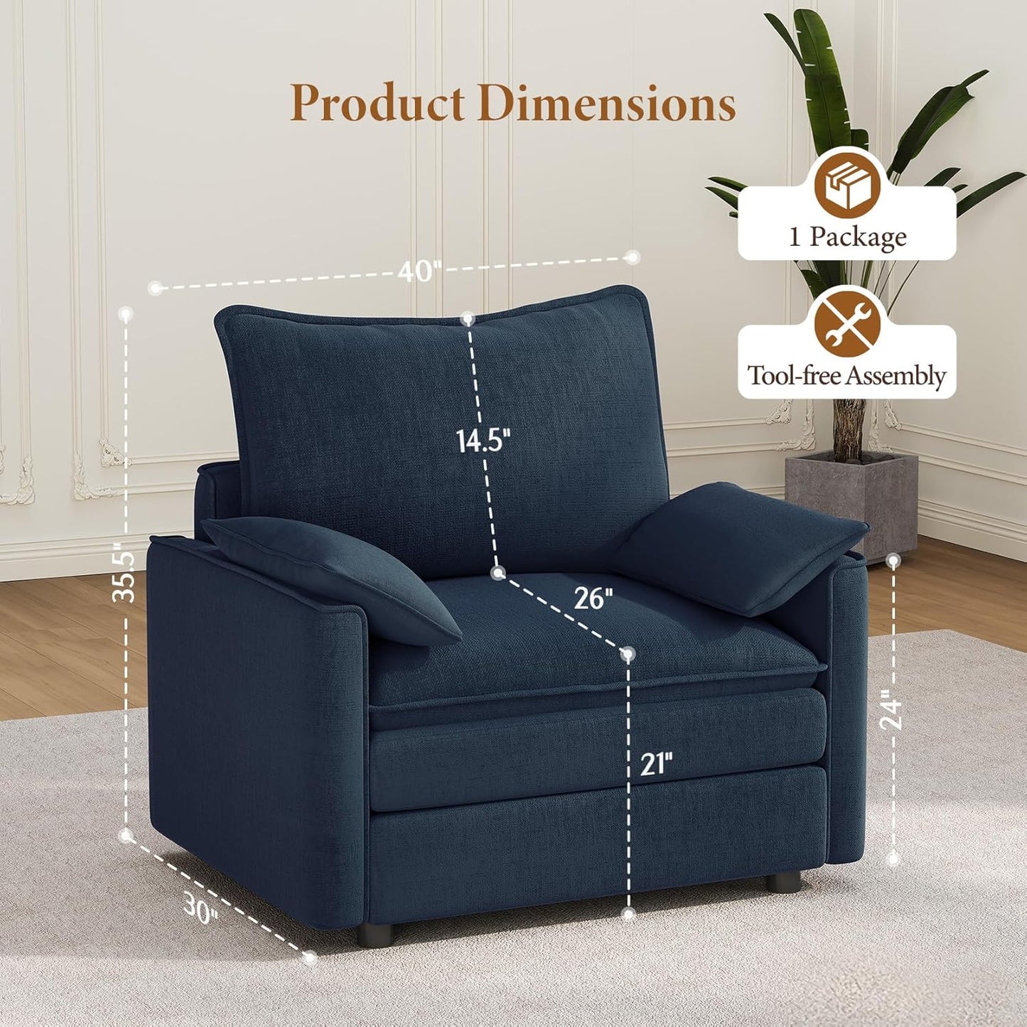 Vesgantti 40" Single Seat Sofa, Comfy Cloud Couch Deep Seat Upholstered Couch Chenille Modern Sofa with Armrest Pillow, Easy Assembly for Living Room, Bedroom and Apartment, Blue