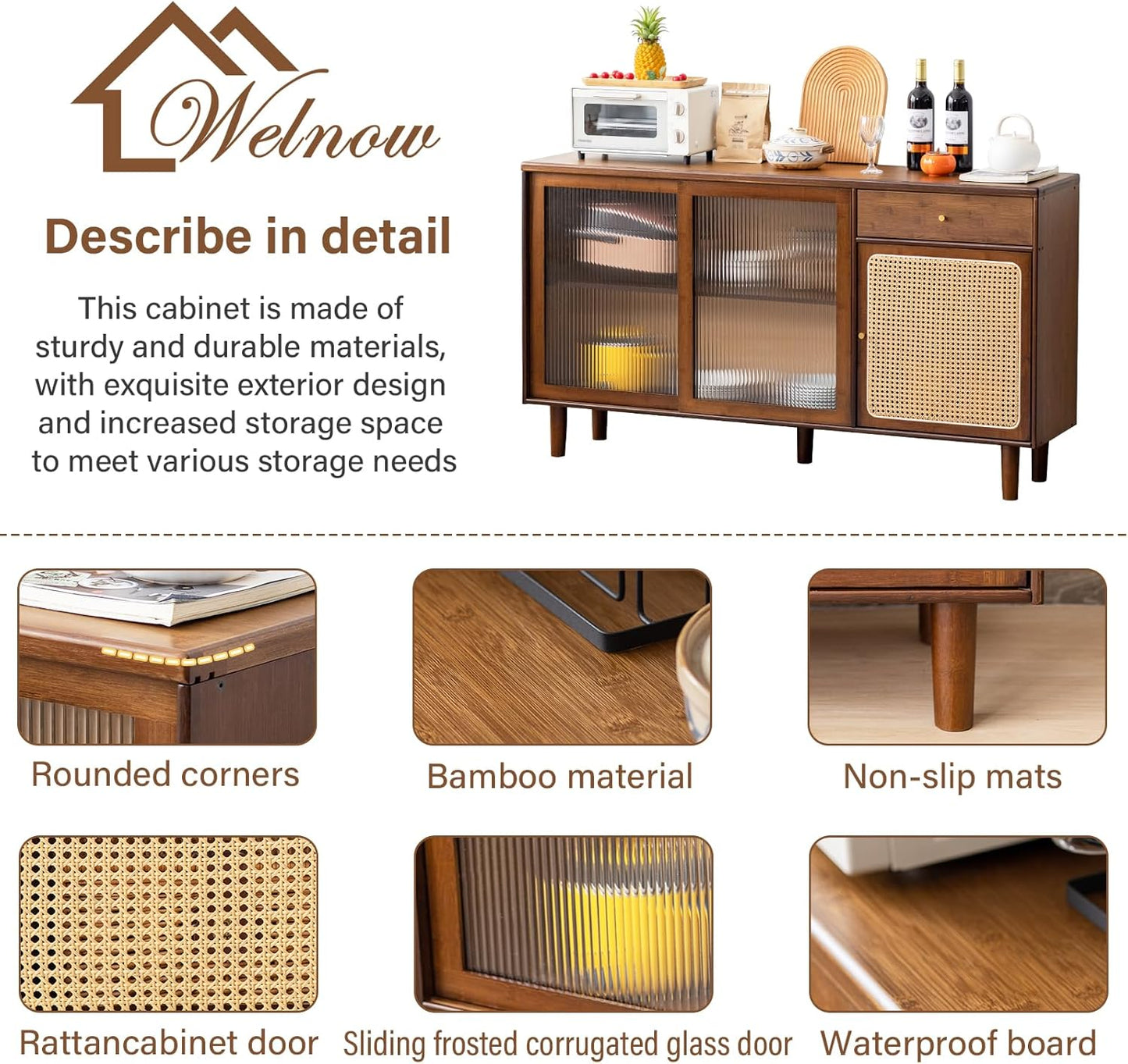 Welnow Buffet Cabinet, Bamboo Sideboard with Storage Rattan Kitchen Display Cabinet with Drawer, Boho Coffee Bar Tables for Kitchen, Living Room, Entryway, Office, Walnut