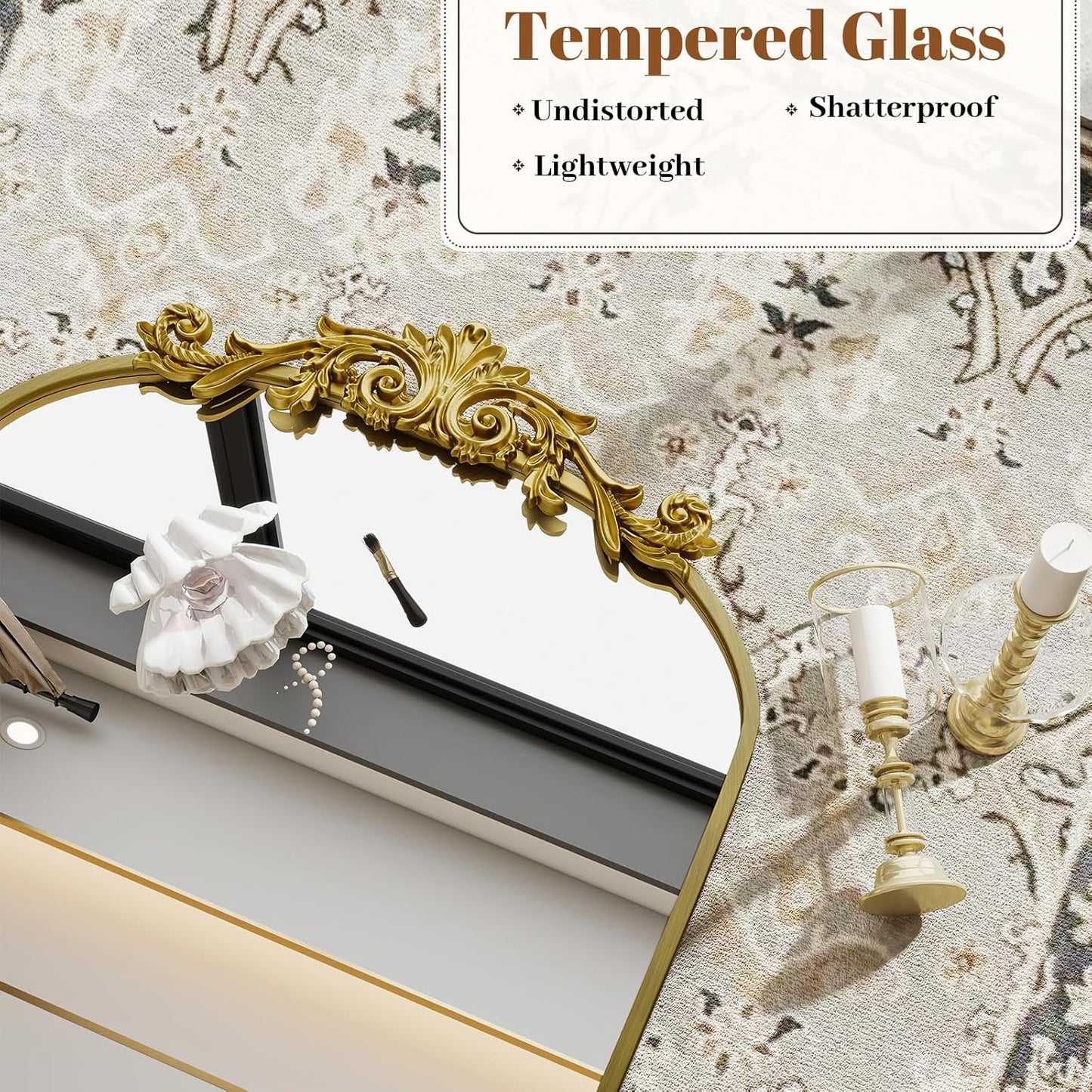 Vintage Arched Bathroom Mirror, 24x36 Inch Retro Wall Mounted Vanity Mirror with Carved Pattern Top and Metal Frame, Gold Decorative Mirror for Hanging or Leaning