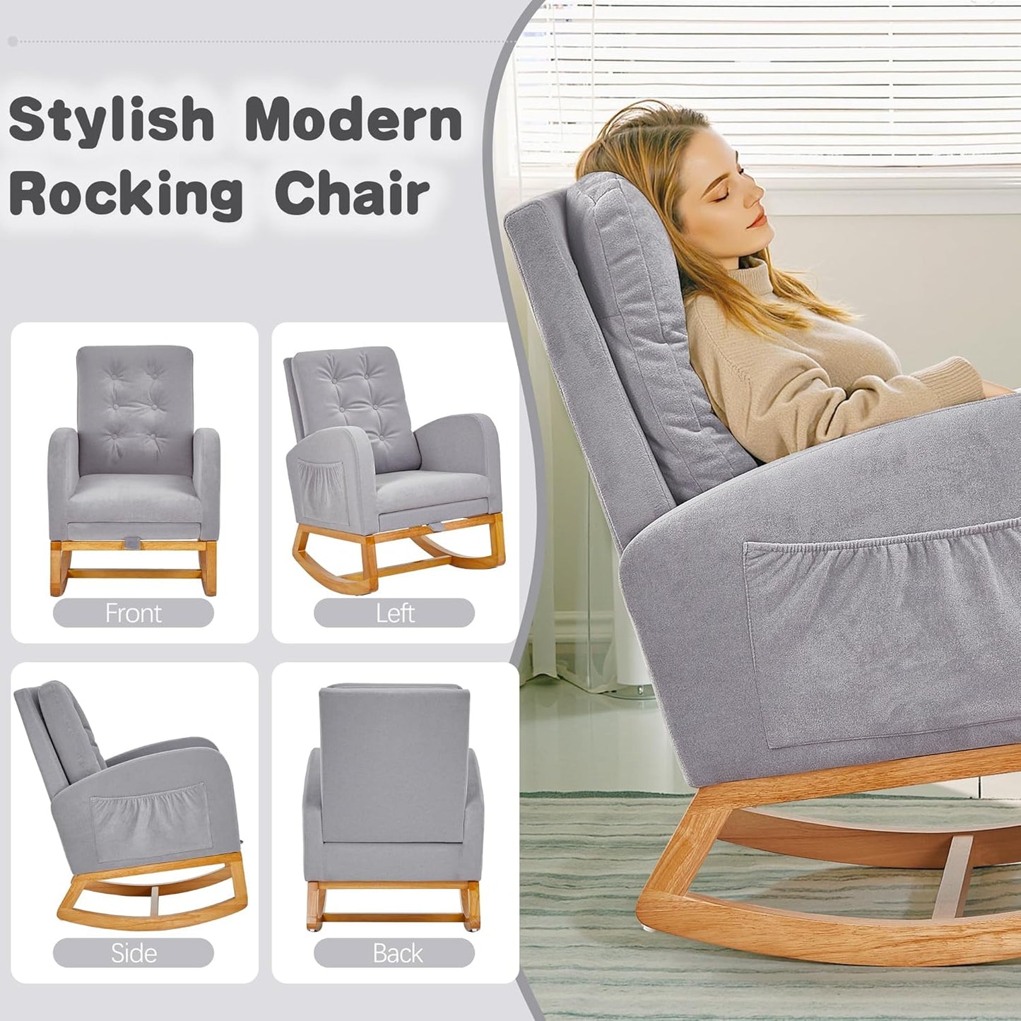 VECELO Rocking Chair Nursery, Modern Sherpa Glider Rocker Accent Arm Chair with High Back and Side Pocket, Cozy Rocking Armchair for LivingRoom, Bedroom, Gray