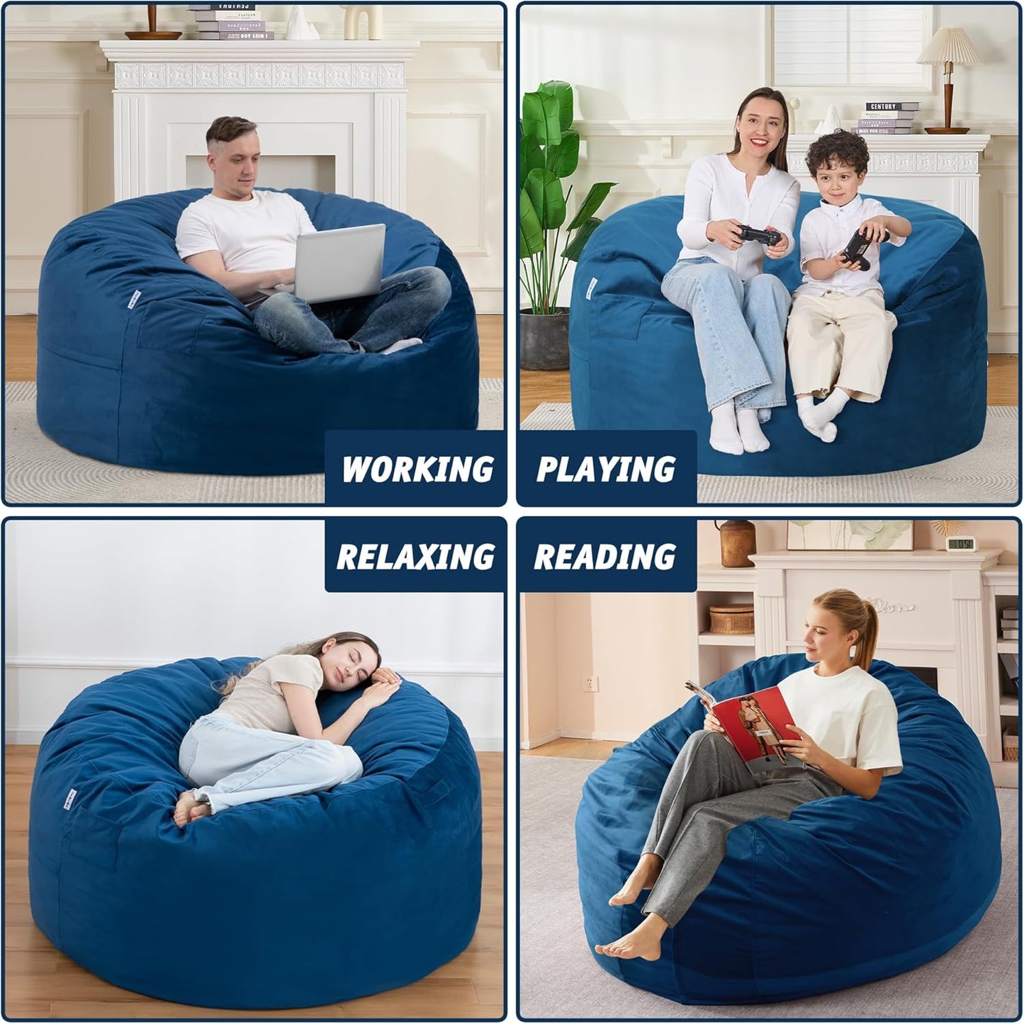 4FT Bean Bag Chair with Ultra Soft Velvet Cover Bean Bag Sofawith Memory Foam Bean Bag Chairs with Large Size Lazy Sofa for Dorm Office Living Room Bedroom Blue 4'
