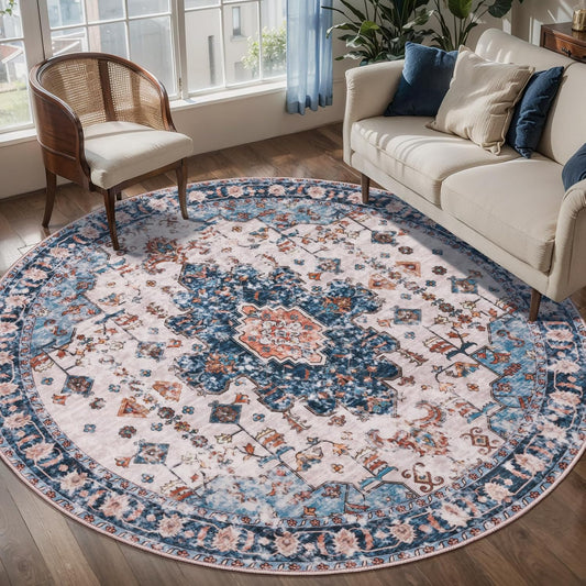 Tangsoo Vintage Round Rug 6ft, Washable Circle Rug, Non Slip Boho Round Area Rug,Low Pile Circular Rugs,Large Round Rugs Carpet for Livingroom,Bedroom,Nursery,Dorm,Office,Blue/Orange