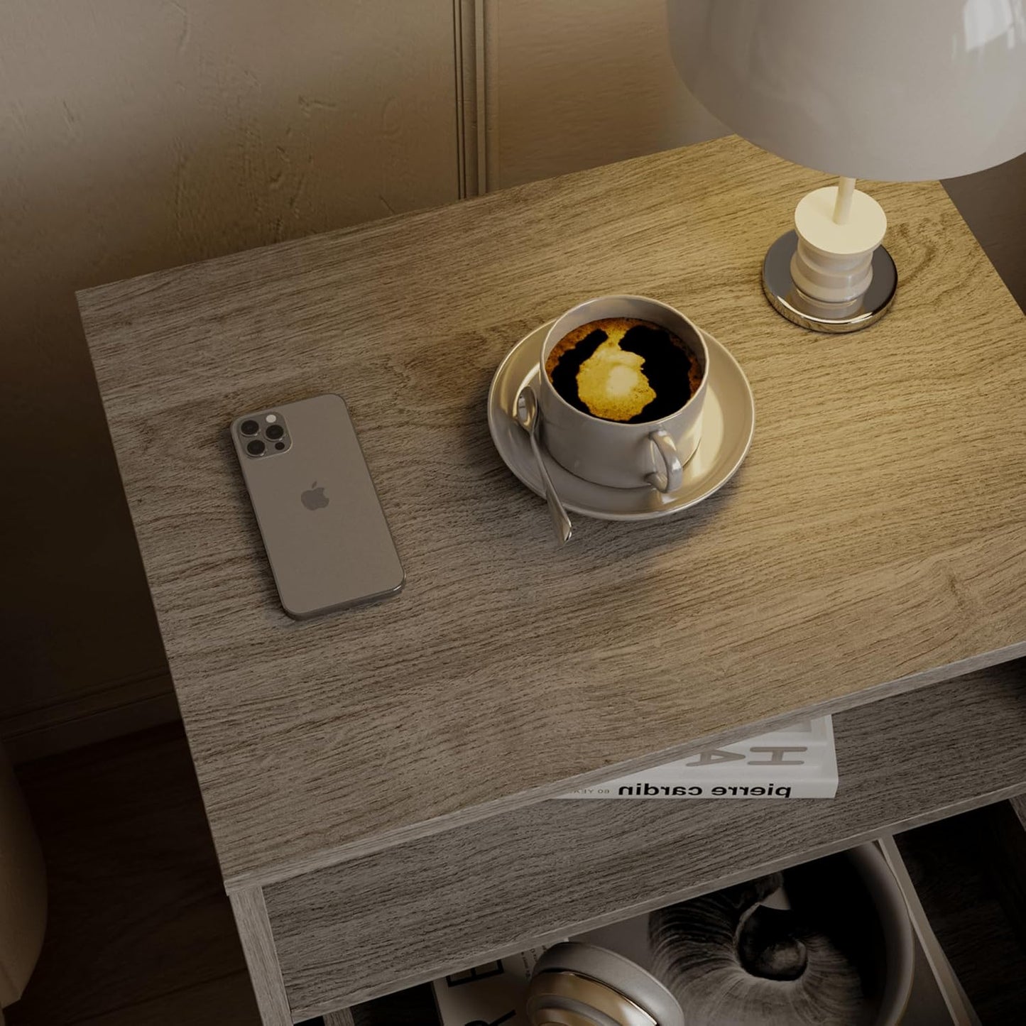 Rattan Nightstand,Farmhouse Bedside Table with 2 Storage Drawer and Open Wood Shelf, for Bedroom and Small Spaces,Night Stand with Solid Wood Legs (Grey Oak)