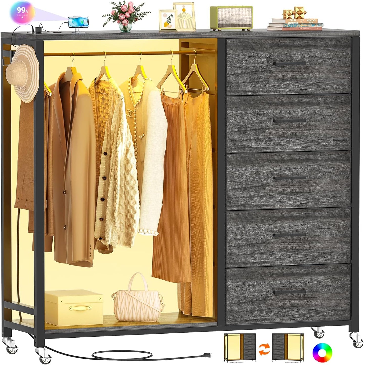 Cyclysio Dresser for Bedroom with Clothes Rack, 5 Fabric Drawers Dresser with Charging Station & LED Lights, Tall Storage Chest of Drawers with Wheels, Wooden Top, Lockable Wheels, Closet, Grey