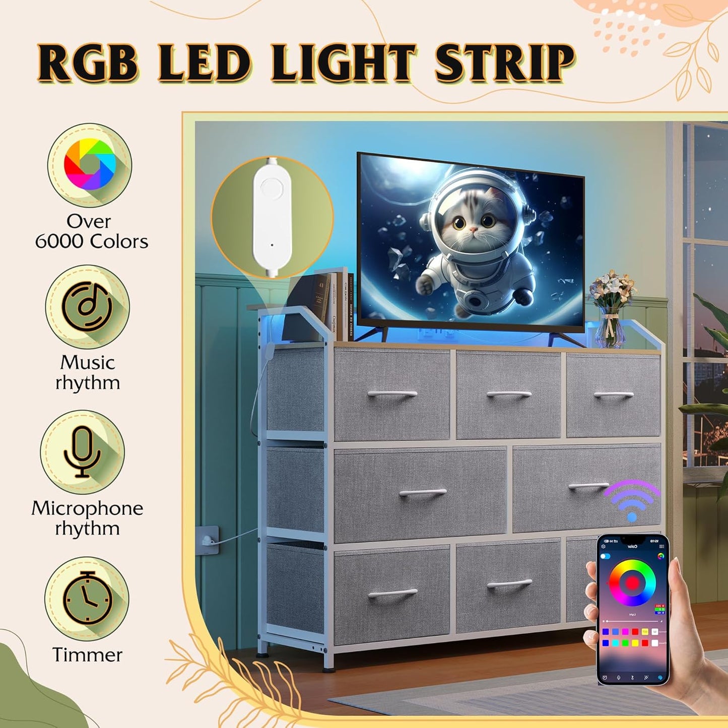 WLIVE Dresser TV Stand with Power Outlets, Led Dresser for Bedroom, Fabric Chest of Drawers with Open Shelves, Wood Top, Steel Frame, 6 Drawer Dressers for Closet, Living Room, Light Grey