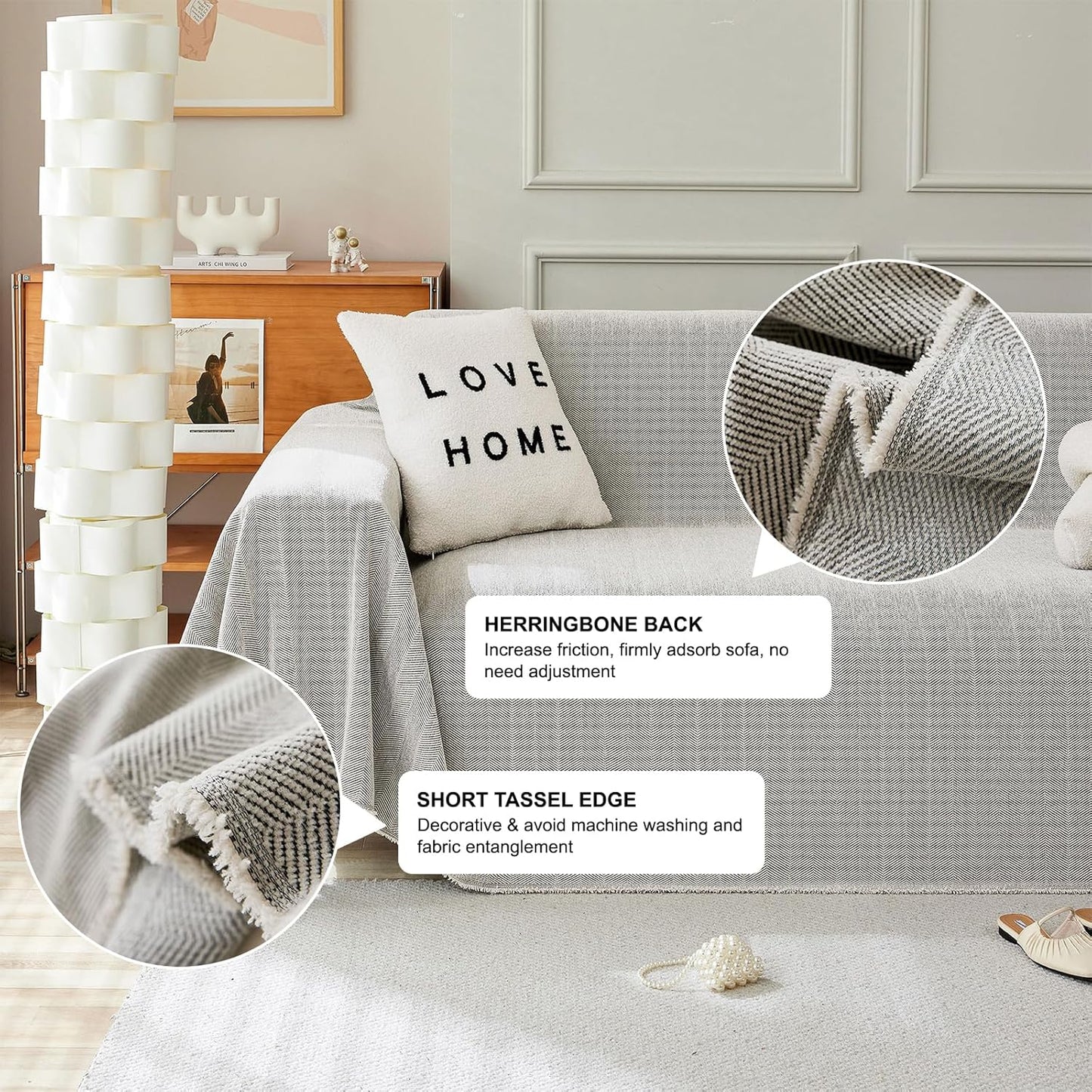 STACYPIK Silver Gray Chenille Sofa Covers, Herringbone Jacquard Sectional Couch Cover, Furniture Protector for 3 Cushion Couch, L-Shaped Sofa Covers for Loveseat, Washable Multi-use Blankets-91X134IN