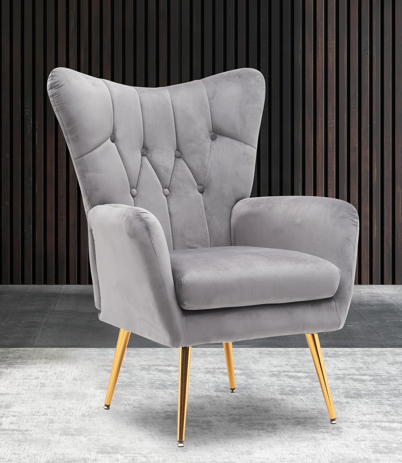 Container Furniture Direct Modern Chic Mid-Century Velvet Accent Armchair for Living Room, Bedroom, or Home Office, Button-Tufted Wingback Design with Gold Flared Legs, Grey