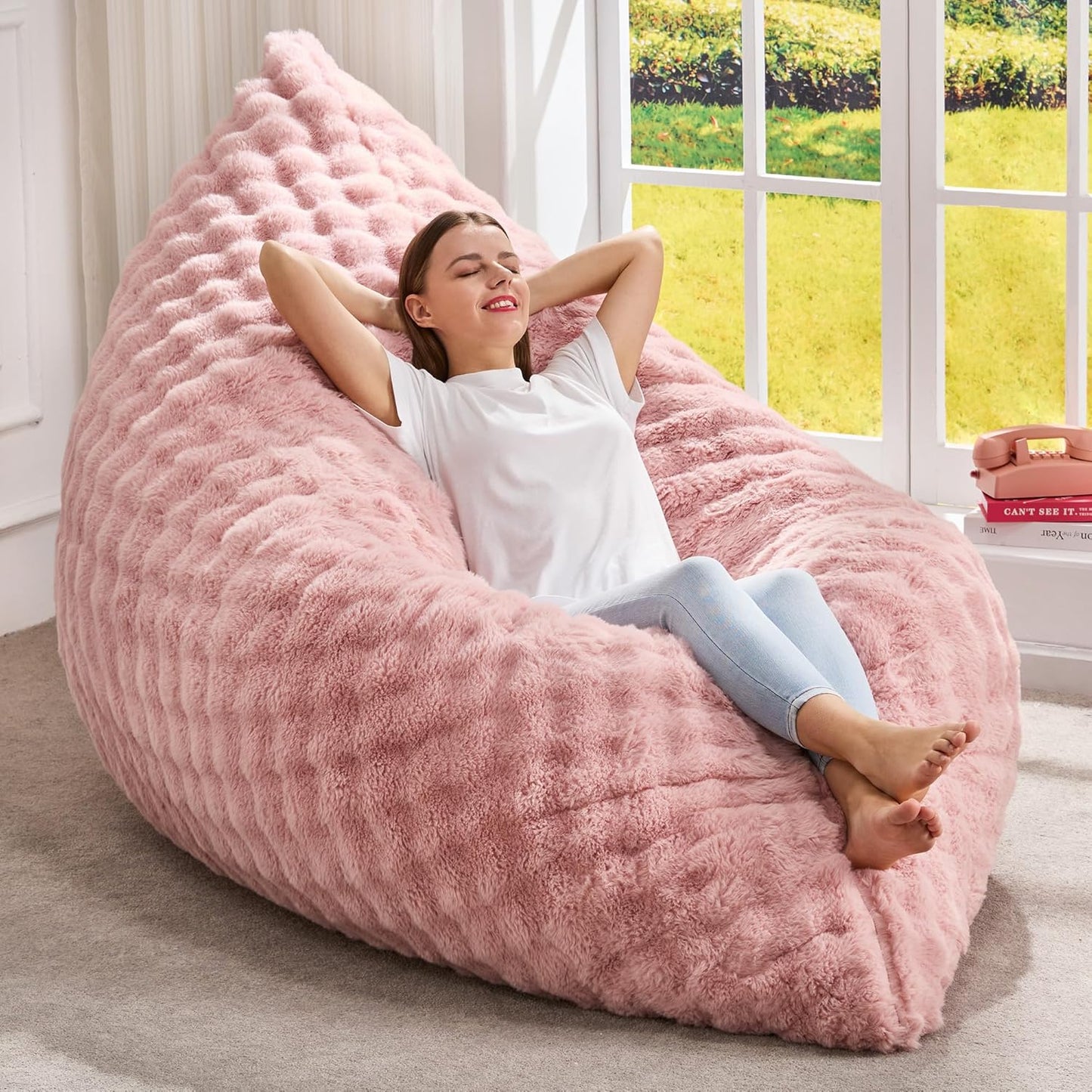 Hobestluk 3 in 1 Bean Bag Chair Giant Bean Bag Chairs for Adults with Bubble Cover Convertible Bean Bag Floor Cushion with Machine Washable Cover for Living Room (Bubble Pink)
