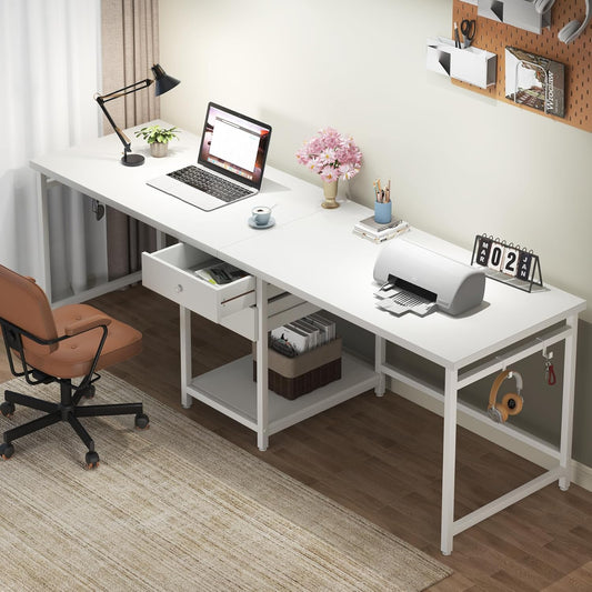 Tribesigns 79 Inch Extra Long Desk, Double Desk with 2 Drawers, Two Person Desk Long Computer Desk with Storage Shelves, Writing Table Study Desk for Home Office, White