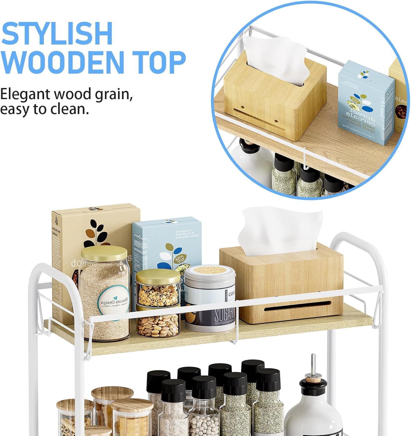 KINGRACK Metal Slim Rolling Cart,4-Tier Metal Utility Cart,Storage Cart with Wooden Tabletop, for Narrow Space on Laundry Bathroom Kitchen Room Bedroom Apartments Dormitory (Pure White, Slim)