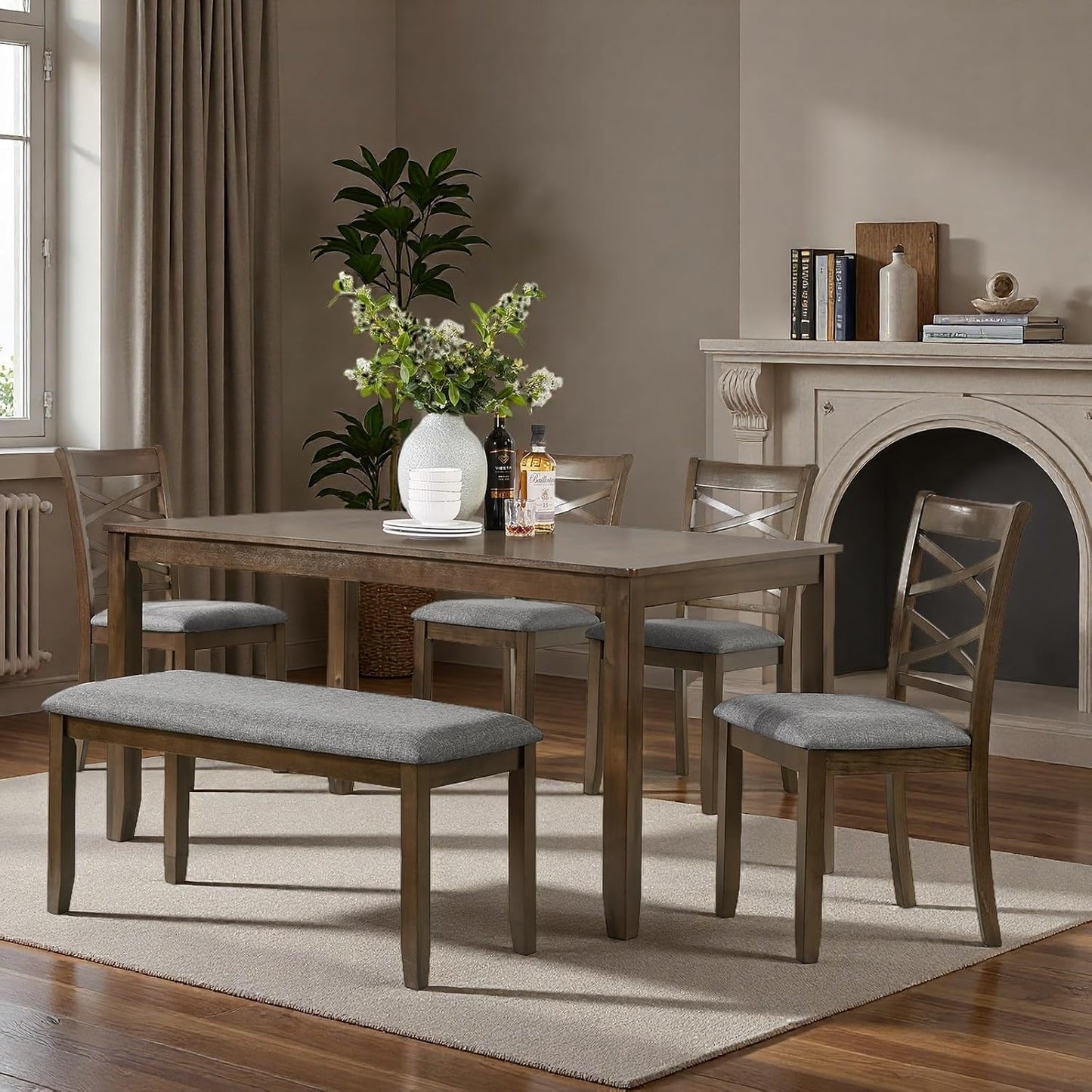 Dining Table Set, Wooden Kitchen Table Set with Rectangular Table, 4 Flat X Backrest Upholstered Chairs & a Bench, Table and Chairs with Non-Slip Feetmats for 6 People, Living Room, Walnut