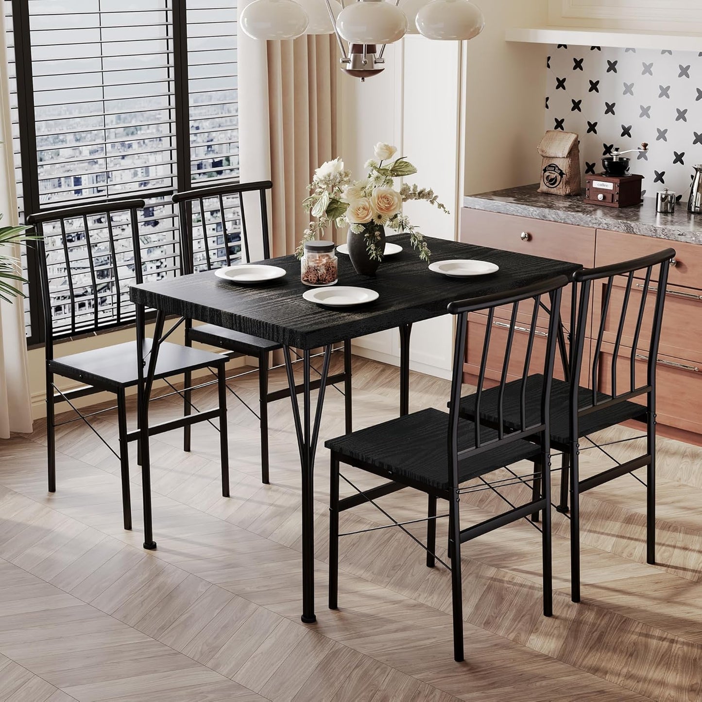 5 Piece Dining Table Set with 1.6" Thick Desktop, Modern Metal&Wood Kitchen Dinner Table with 4 Chairs, Dining Room Table Sets for Small Spaces, Black
