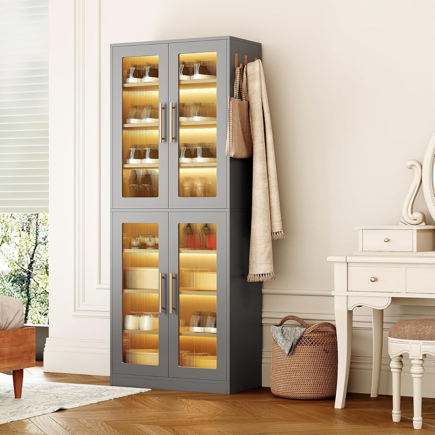 LITTLE TREE Stylish 8-Tier Vertical Shoe Rack with Built-in LED Lighting, Doors for Dust Protection, and Convenient External Hooks, Shoe Cabinet for Entryway, Living Room, Bedroom, Grey