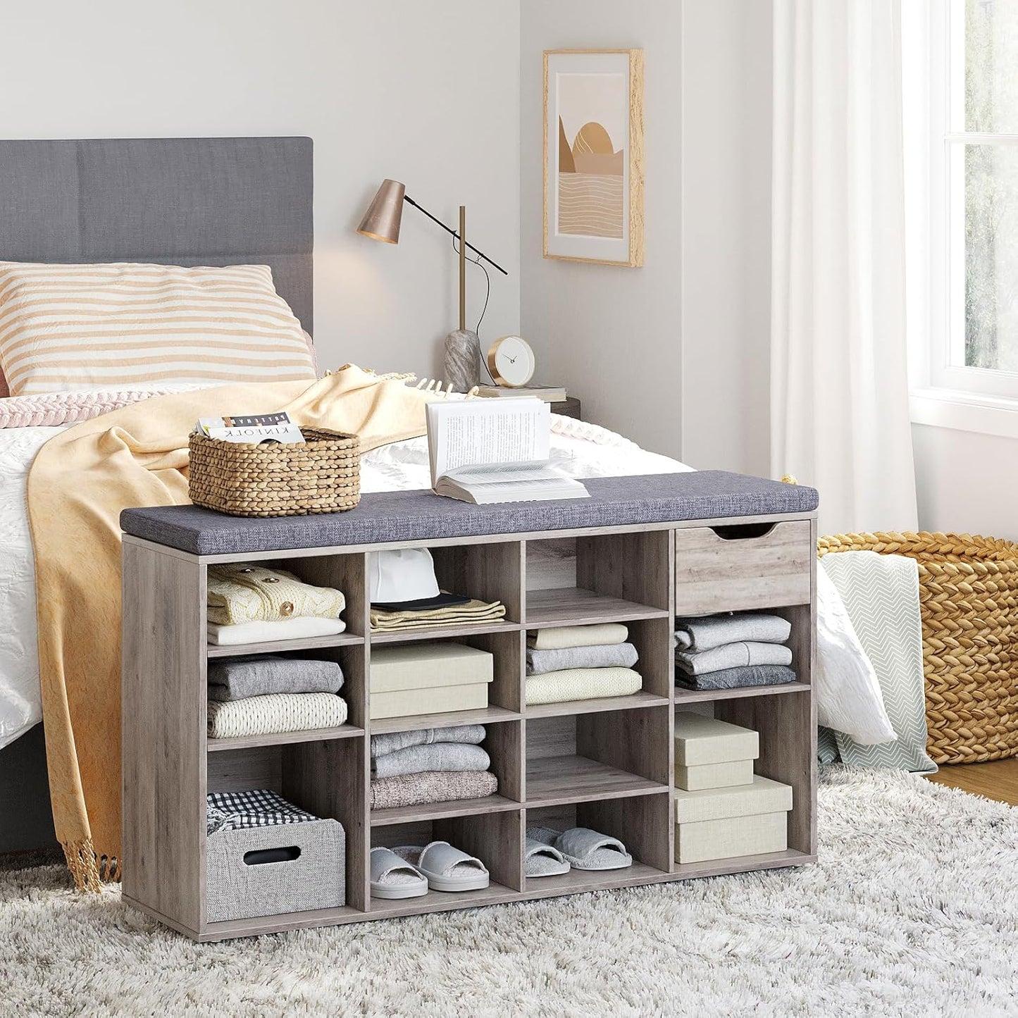 DINZI LVJ Shoe Bench, Entryway Storage Bench with Drawer and 15 Cubbies, Cubby Shoe Rack with Adjustable Shelves, Shoe Organizer Cabinet for Living Room, Bedroom, Mudroom, Closet and Garage, Greige