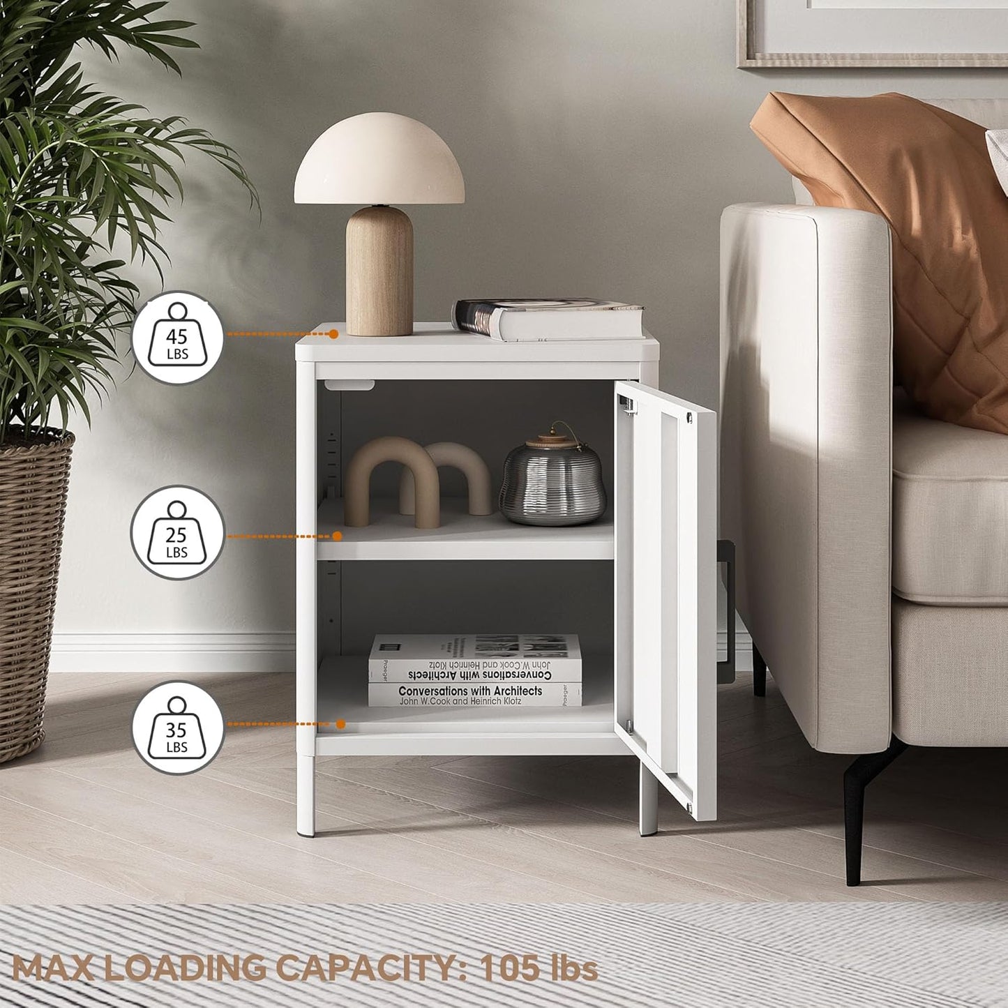 Nightstand with 1 Door, Metal Side Table with Wooden top for Bedroom, Living Room and Dorm 15.75 x 15.67 x 21.26 Inches (1 Door, Cream)