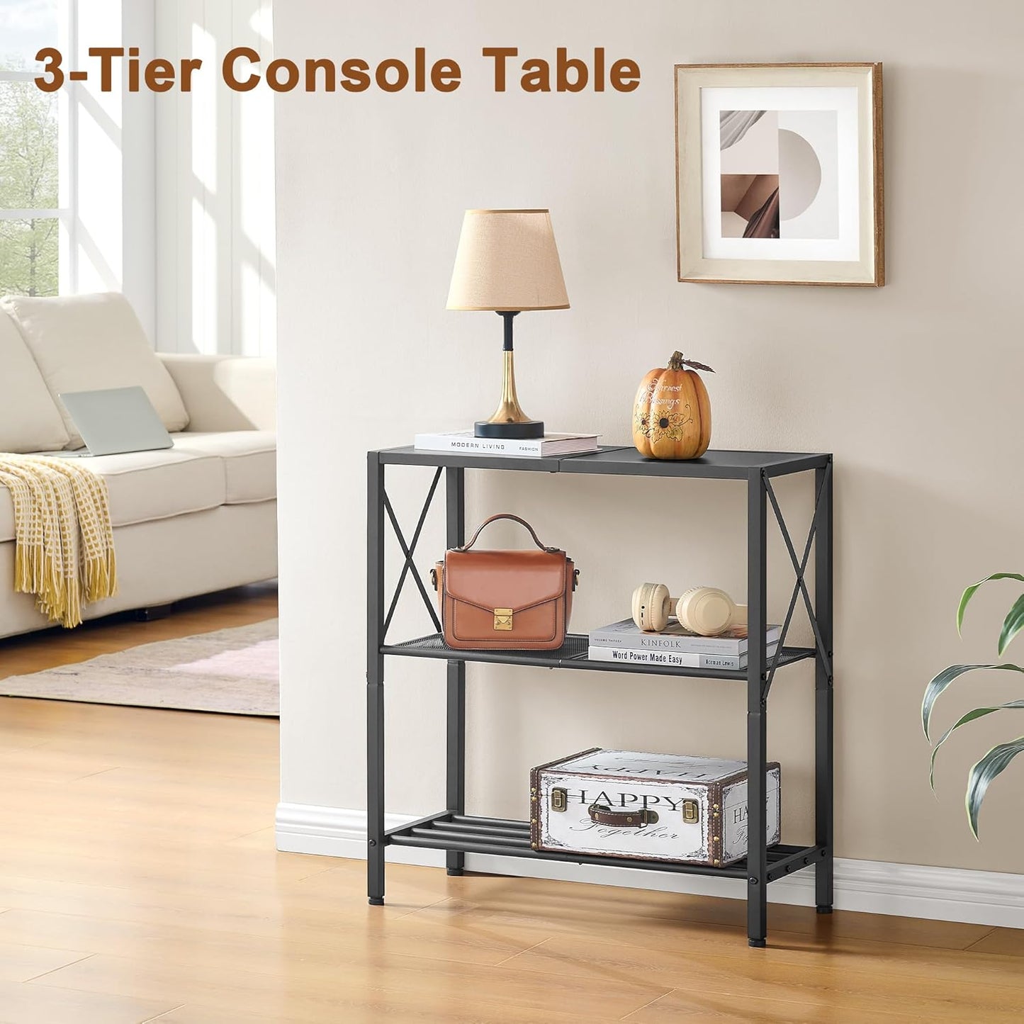 Hoctieon Industrial Console Table, 3-Tier Entryway Table, Metal Frame, Sofa Tables with Shelf, Hallway Desk, Entrance Desk for Entryway, Living Room, Foyer, Hallway, Black