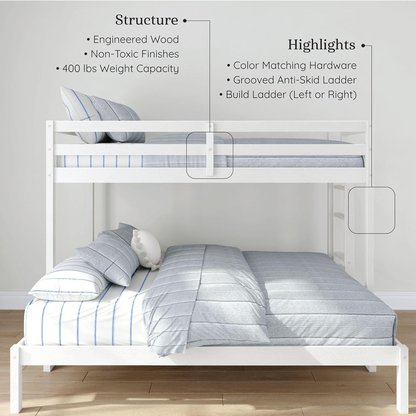 Grain & Grove Bear Twin XL Over Queen Bunk Bed, Sturdy Bunk Bed Frame for Kids, Plywood Bunk with Ladder, Guardrail, and Slats, No Box Spring Required, Brushed White